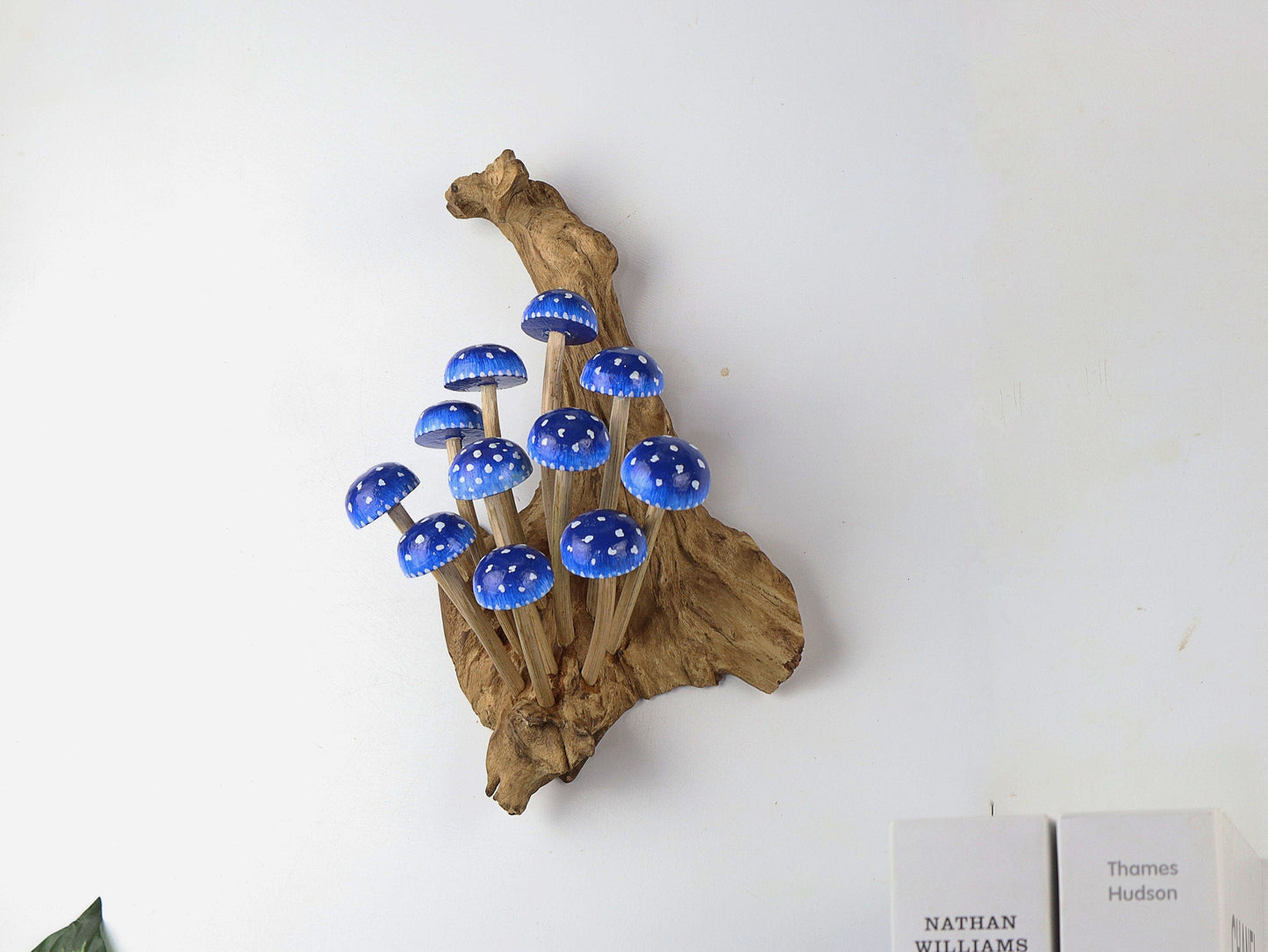 Hand-Carved & Painted Blue & White Pinoki-Style Mushroom Wall Art - Enchanted Forest Decor