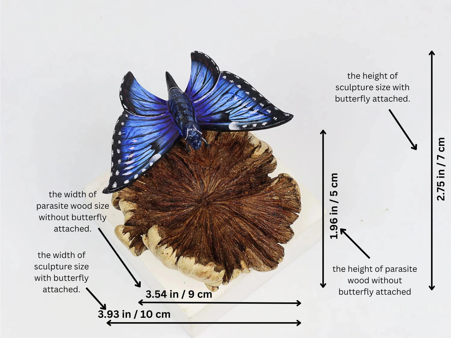 Hand-Carved & Painted Blue Butterfly Sculpture on Natural Wood Base - Freestanding Decor