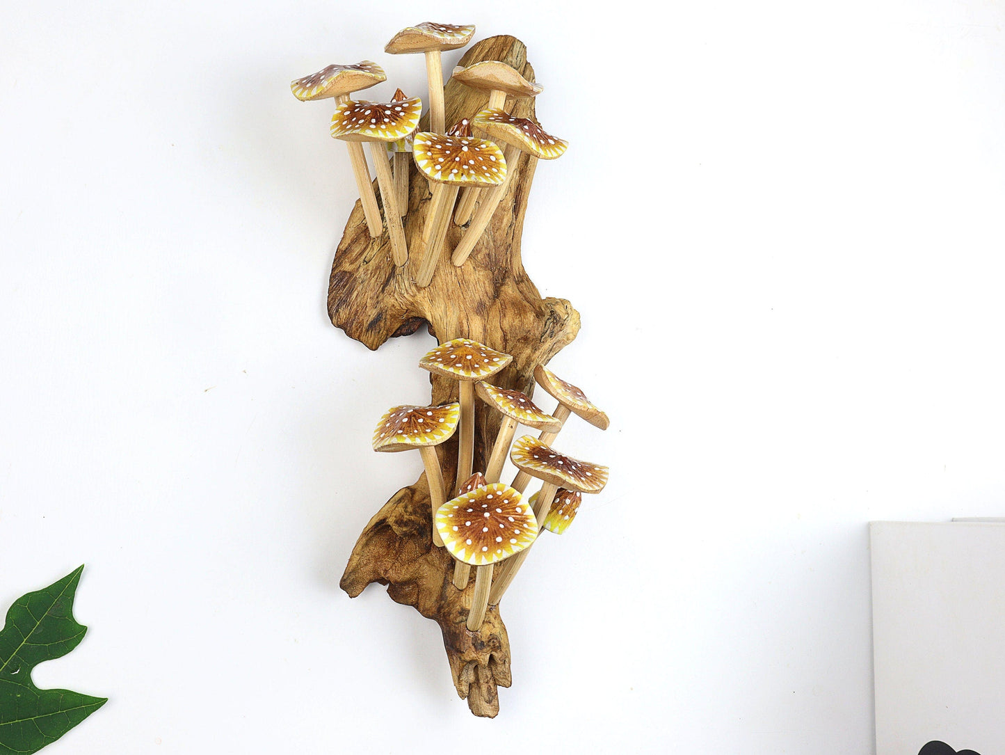 Hand-Carved & Painted Yellow & Brown Mushroom Wall Art - Vertical Rustic Decor