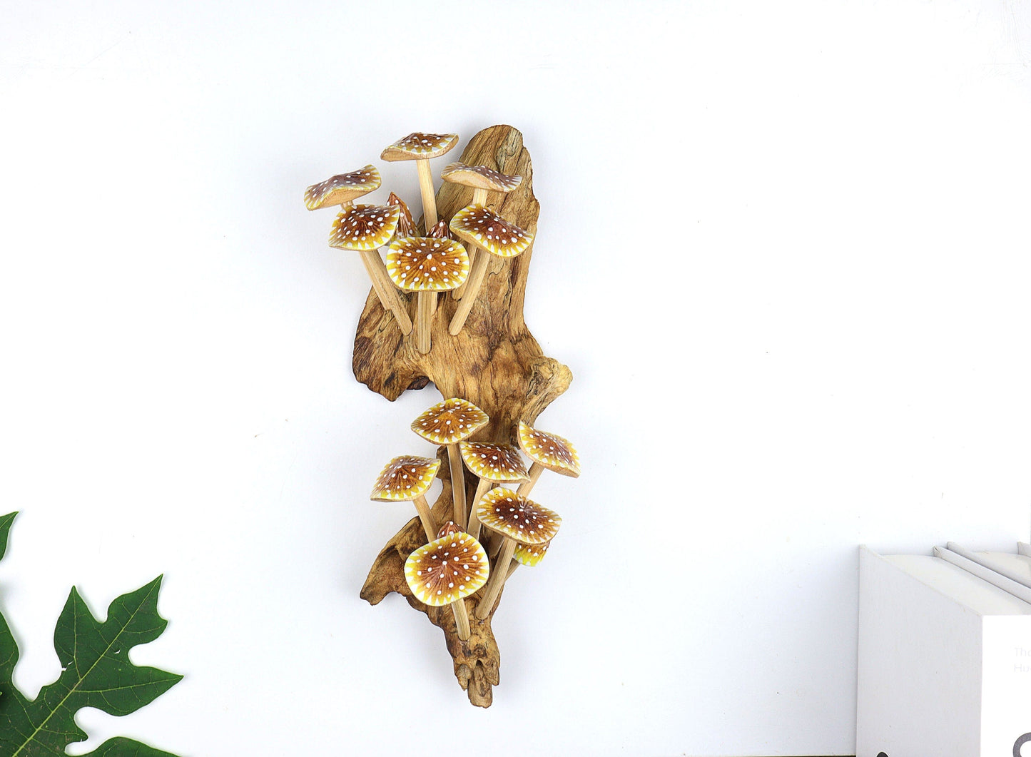 Hand-Carved & Painted Yellow & Brown Mushroom Wall Art - Vertical Rustic Decor