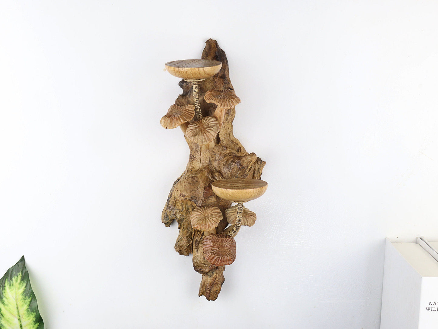 木製キャンドルホルダー 吊り下げ式ウォールアート きのこの彫刻付き 室内装飾用 壁掛けキャンドルホルダー ハンドメイド 誕生日プレゼント 結婚祝い