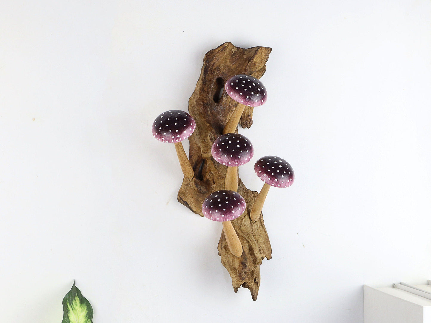 Hand-Carved & Painted Purple Mushroom Wall Art - Vertical Whimsical Forest Decor