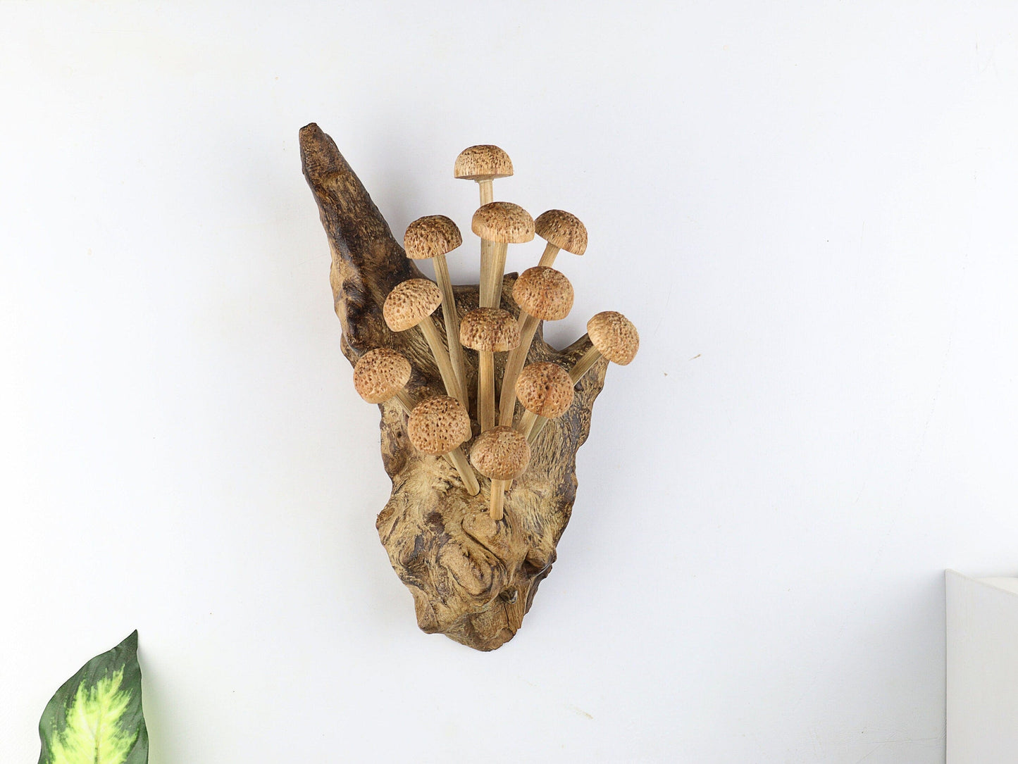 Hand-carved natural wooden sculpture featuring a dense cluster of textured bell-shaped mushrooms sprouting vertically from a gnarled wood log or root, rustic wall art decor.