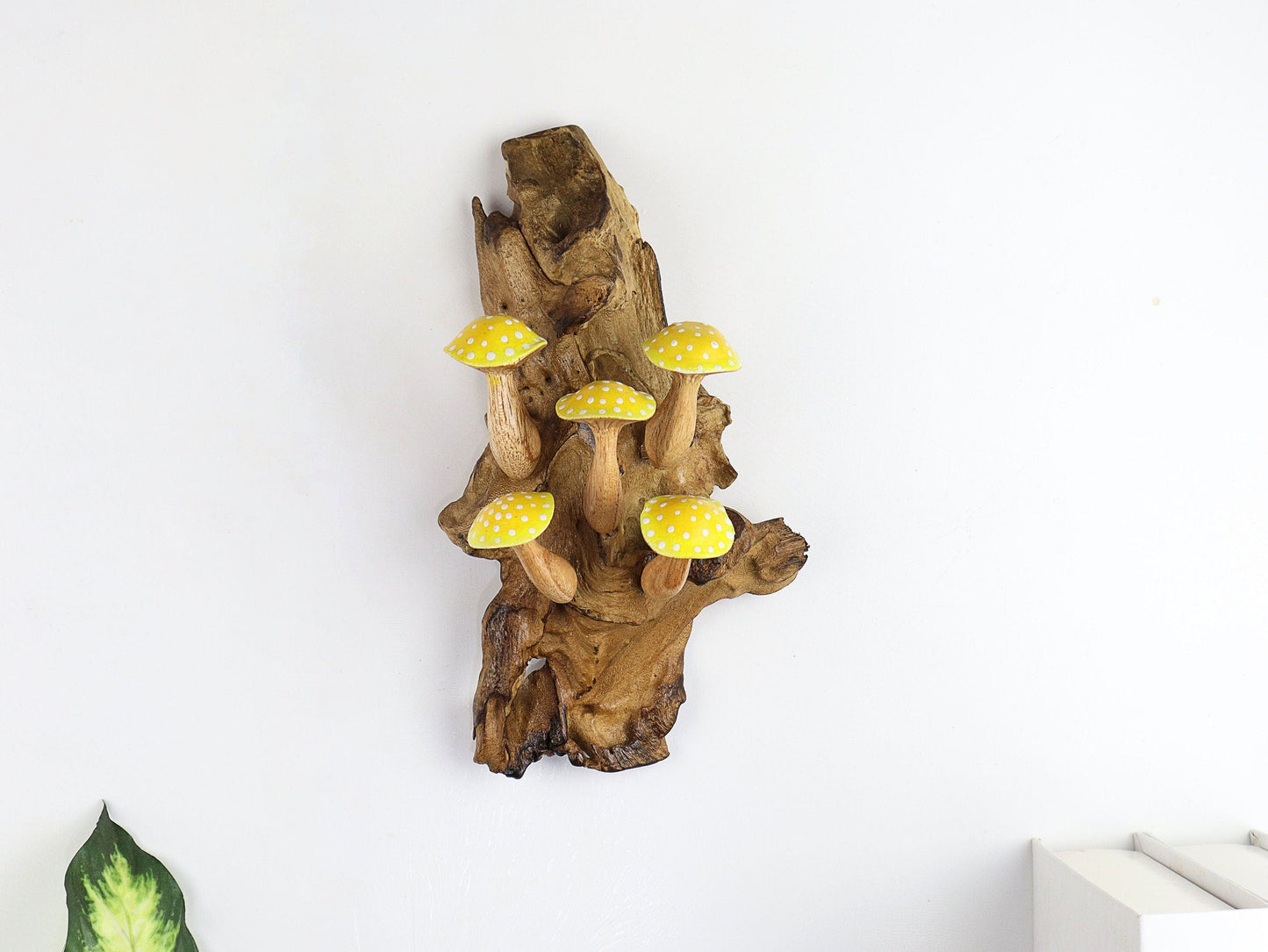 Hand-Carved & Painted Yellow & White Mushroom Wall Art - Vertical Whimsical Forest Decor