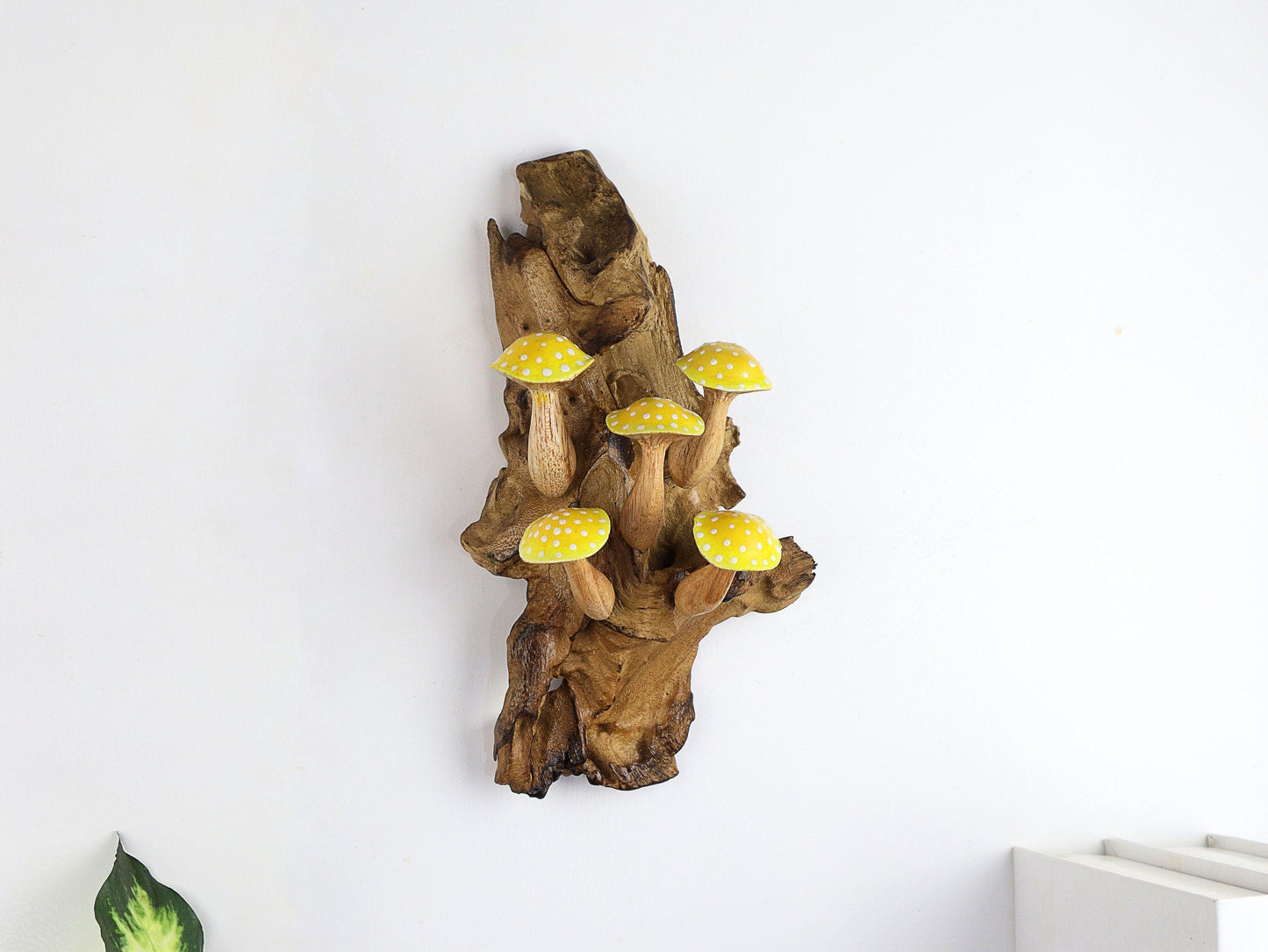 Hand-Carved & Painted Yellow & White Mushroom Wall Art - Vertical Whimsical Forest Decor