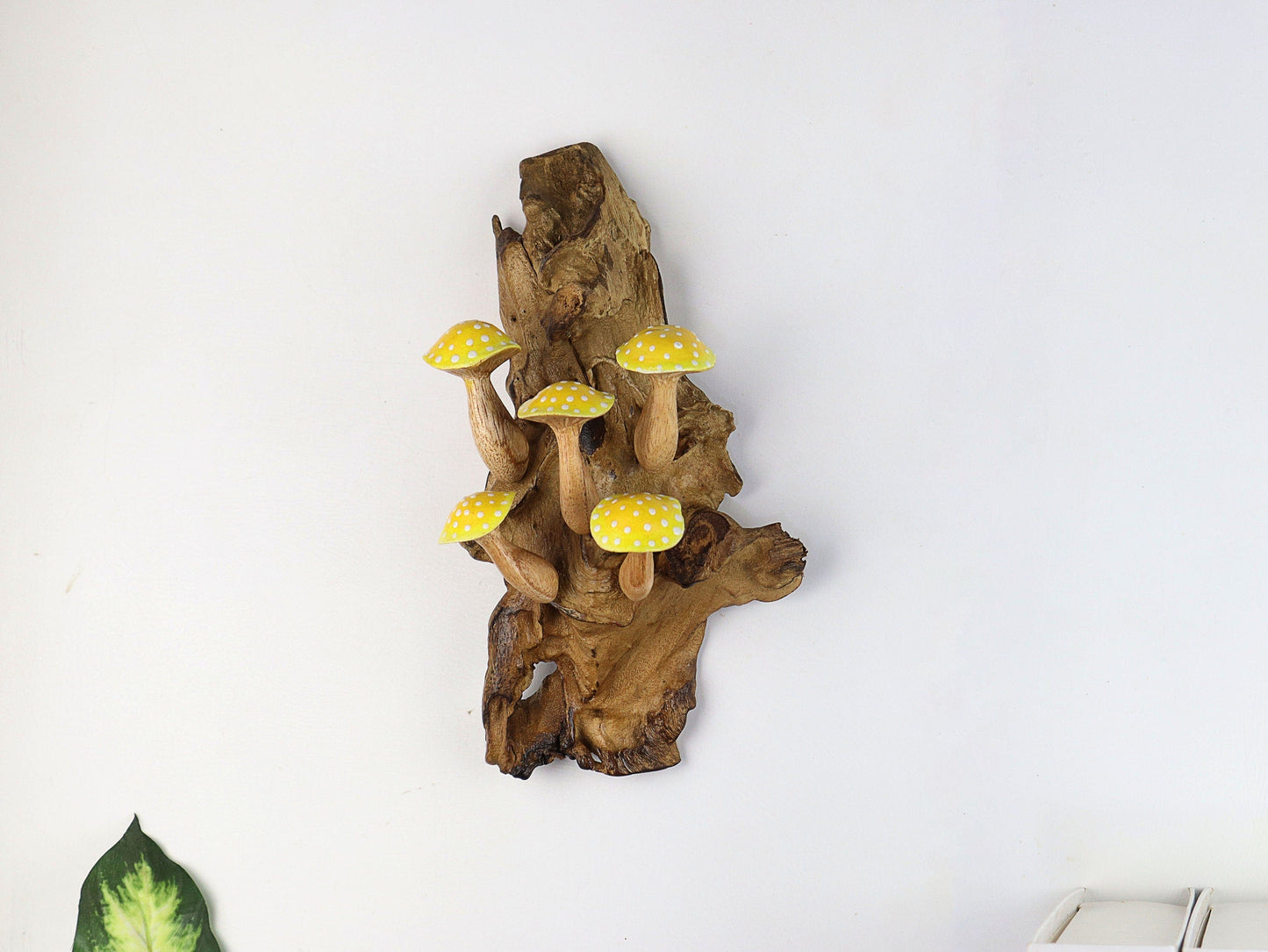 Hand-Carved & Painted Yellow & White Mushroom Wall Art - Vertical Whimsical Forest Decor
