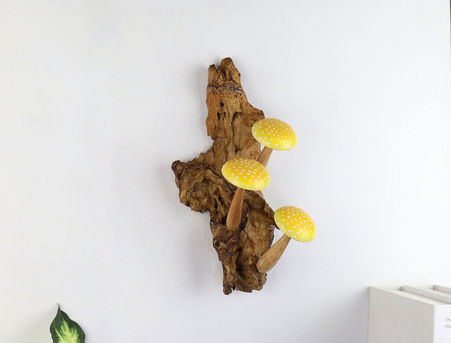 Hand-Carved & Painted Yellow & White Mushroom Wall Art - Vertical Whimsical Forest Decor