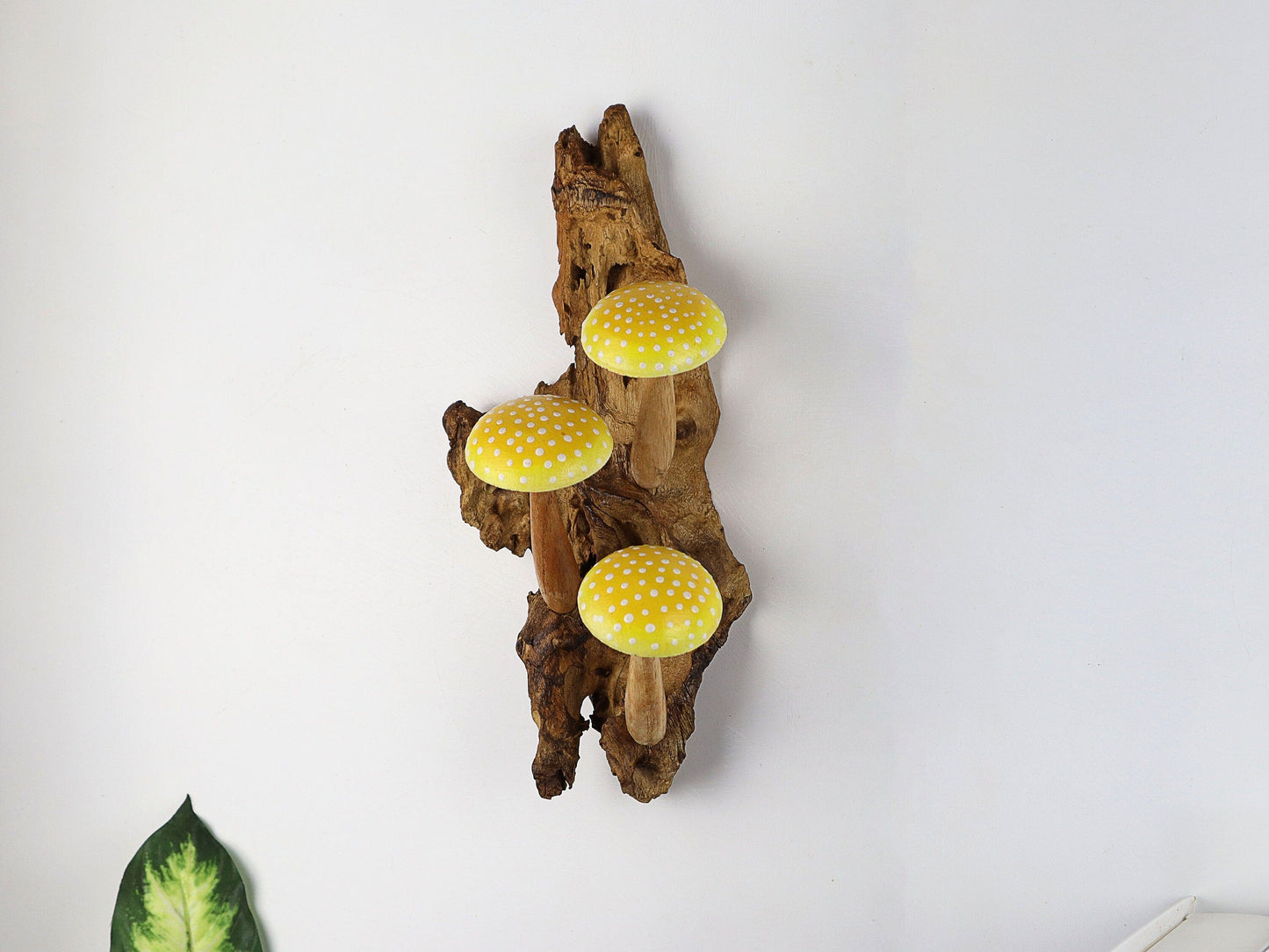 Hand-Carved & Painted Yellow & White Mushroom Wall Art - Vertical Whimsical Forest Decor