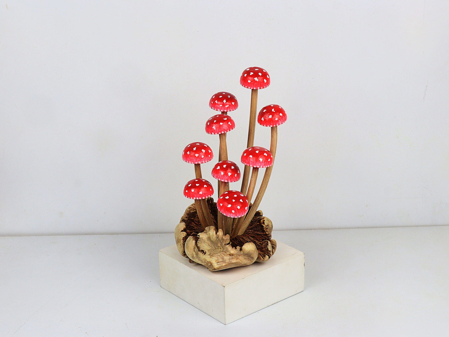 Hand-Carved & Painted Red & White Mushroom Cluster Sculpture - Whimsical Home Decor