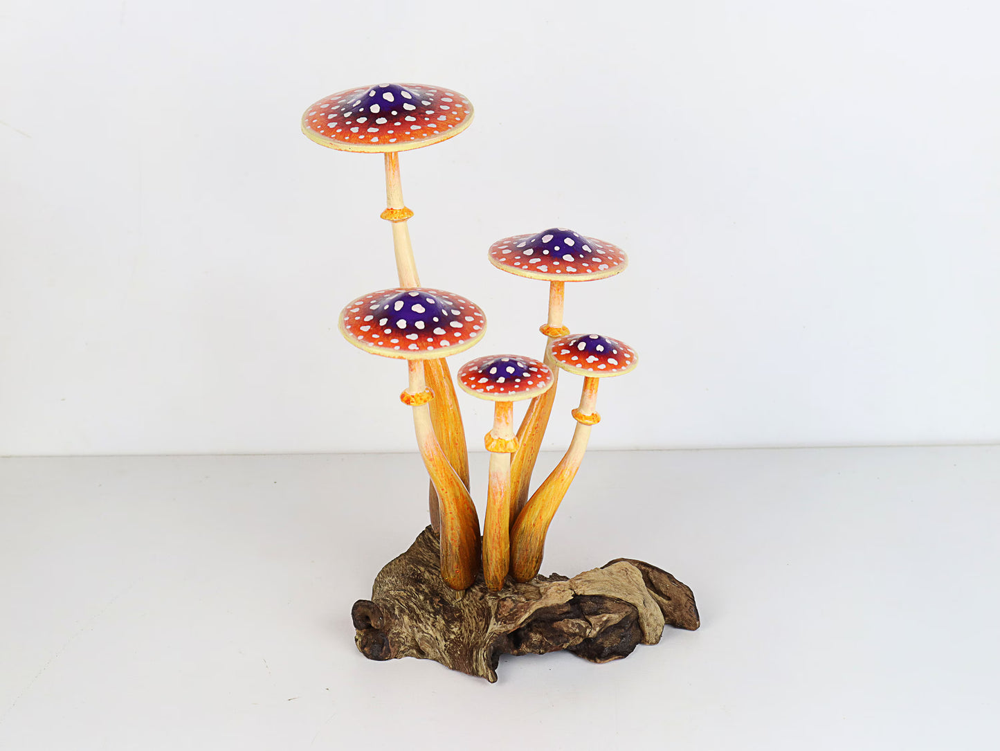 Hand-Carved & Painted Orange & Purple Mushroom Sculpture - Whimsical Tabletop Decor