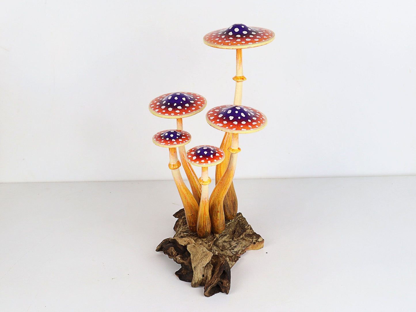 Hand-Carved & Painted Orange & Purple Mushroom Sculpture - Whimsical Tabletop Decor