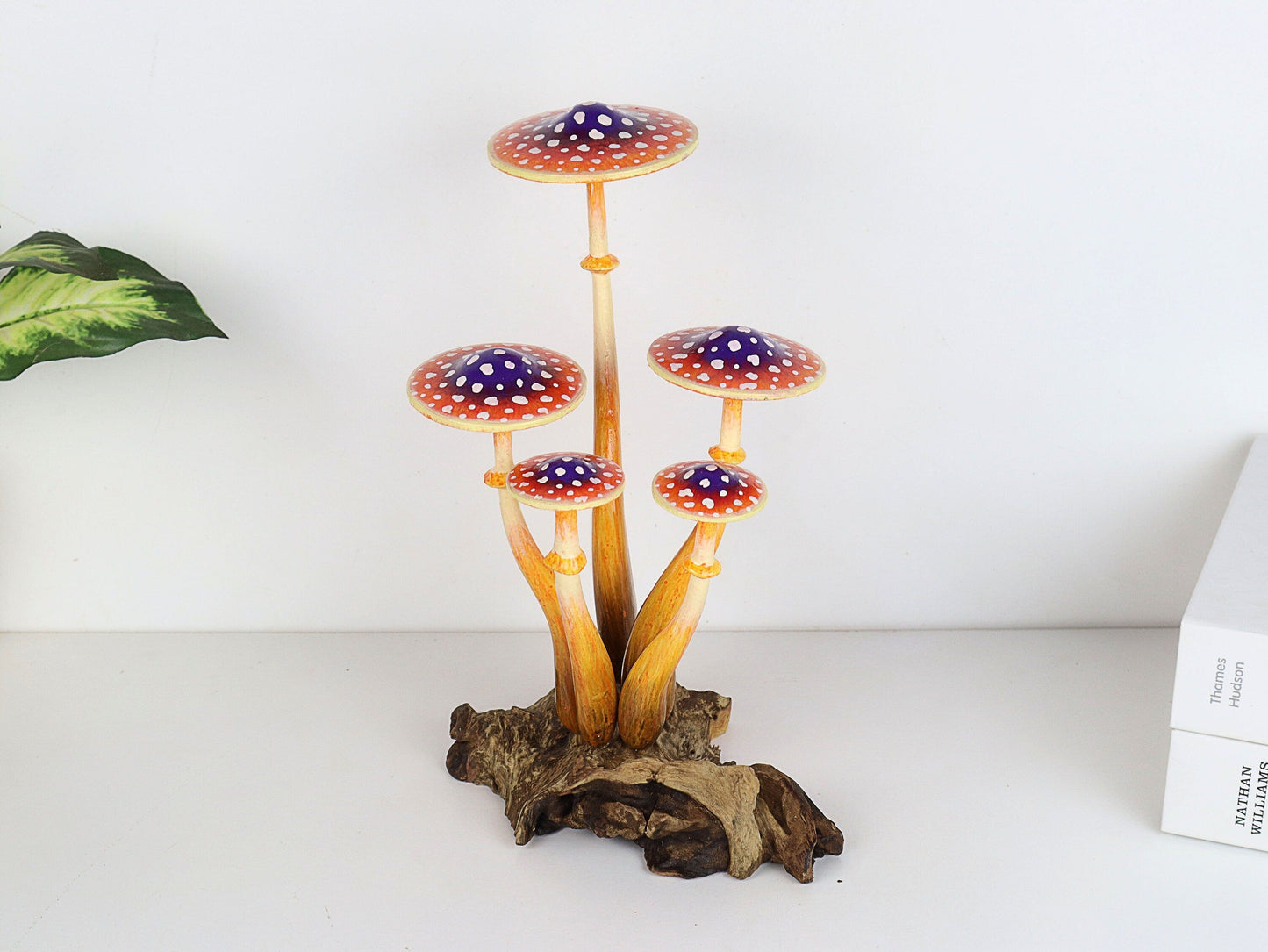 Hand-Carved & Painted Orange & Purple Mushroom Sculpture - Whimsical Tabletop Decor