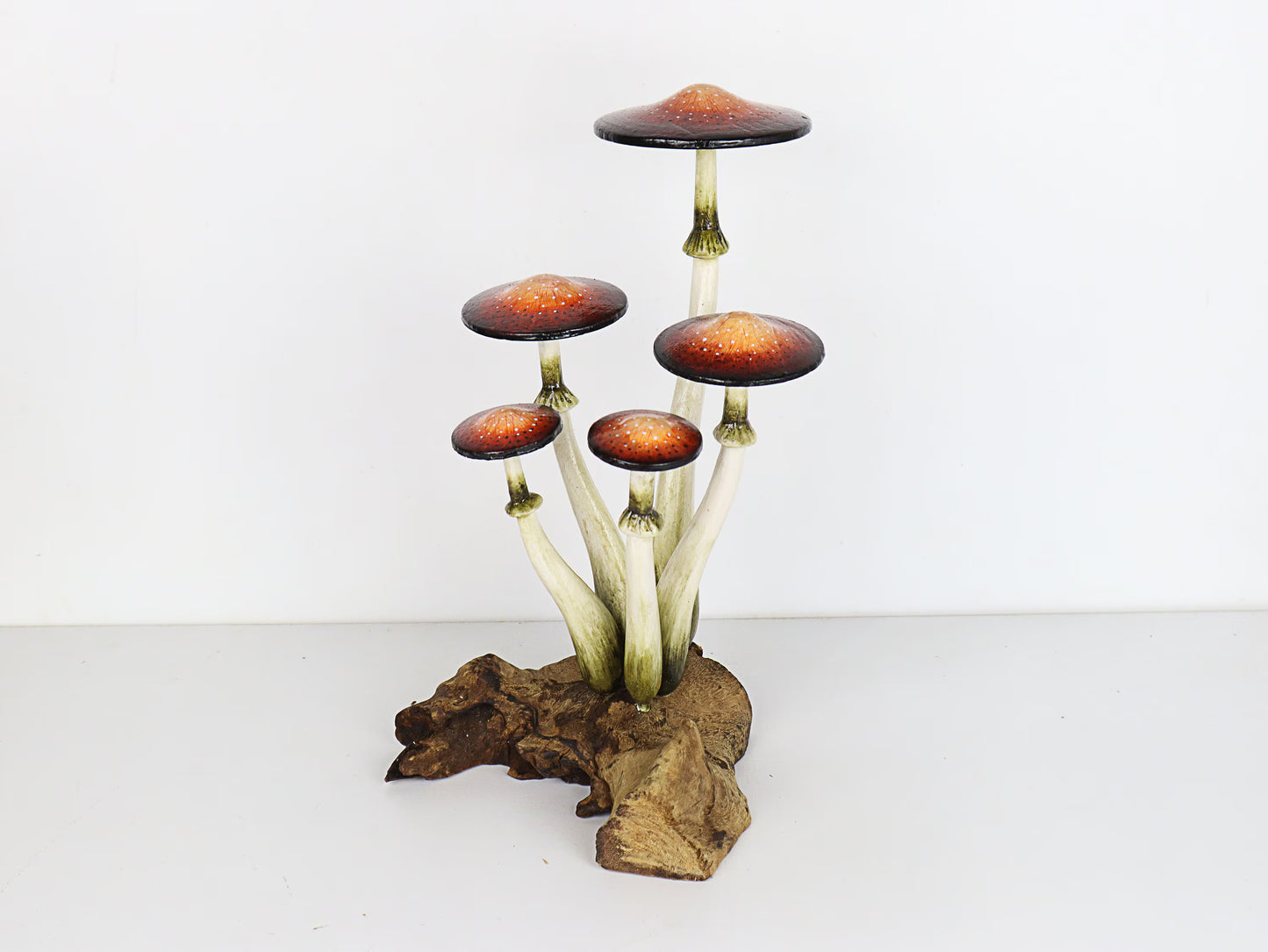 Hand-Carved & Painted Naturalistic Mushroom Sculpture - Freestanding Tabletop Decor