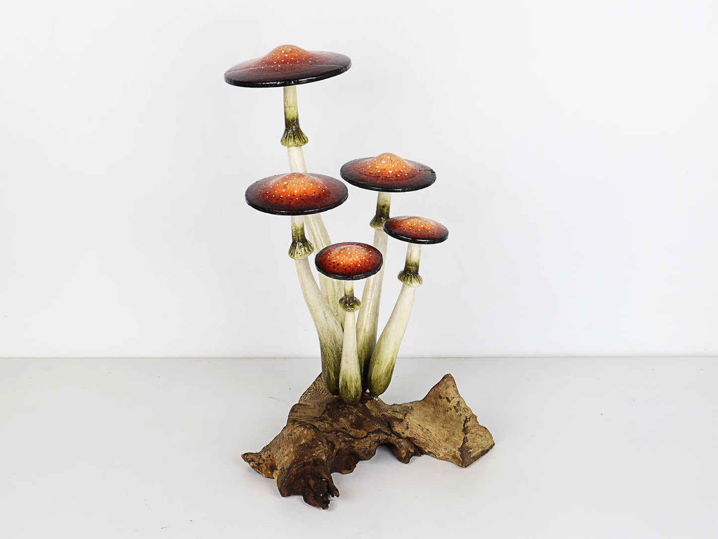 Hand-Carved & Painted Naturalistic Mushroom Sculpture - Freestanding Tabletop Decor