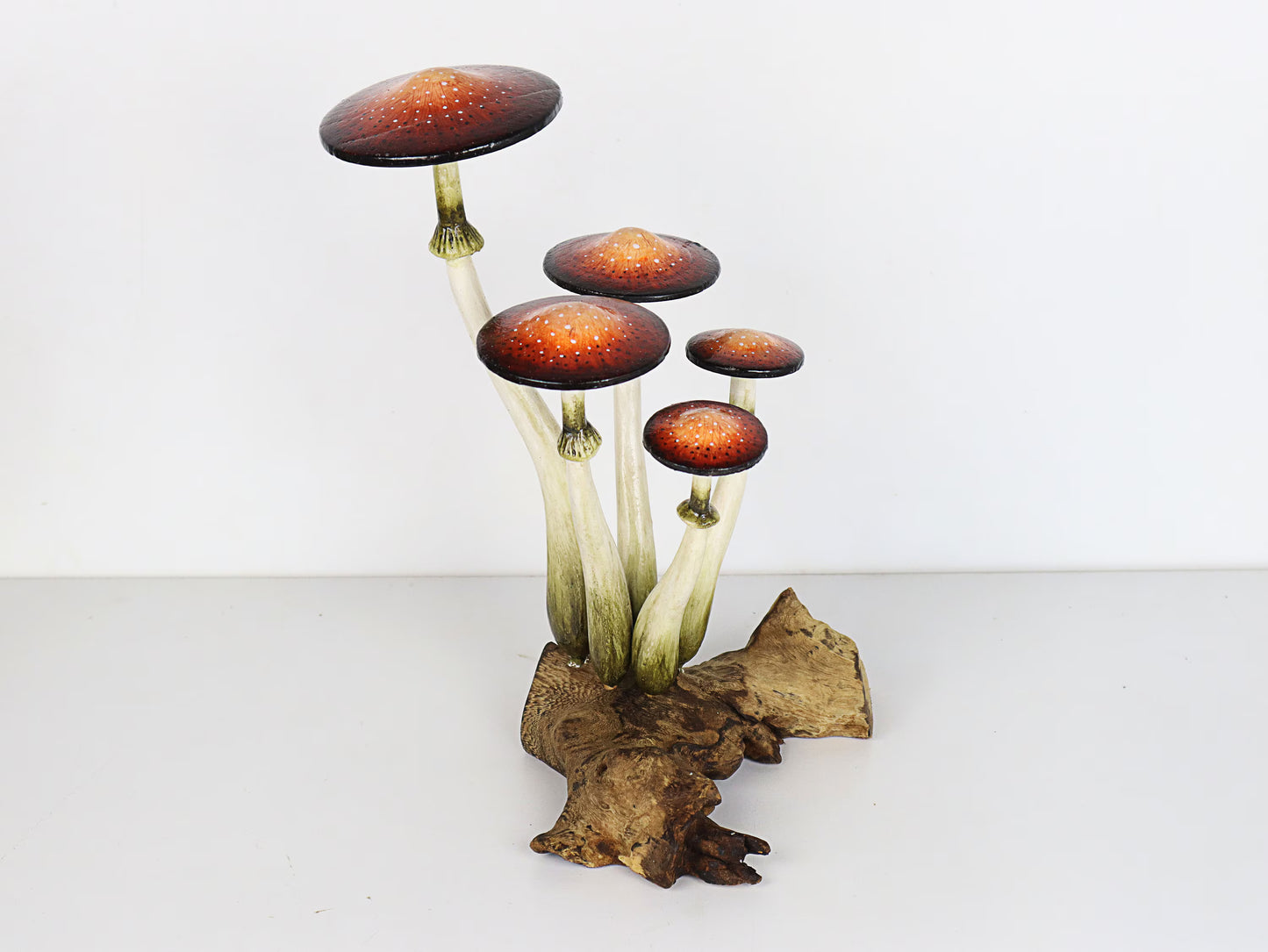 Hand-Carved & Painted Naturalistic Mushroom Sculpture - Freestanding Tabletop Decor