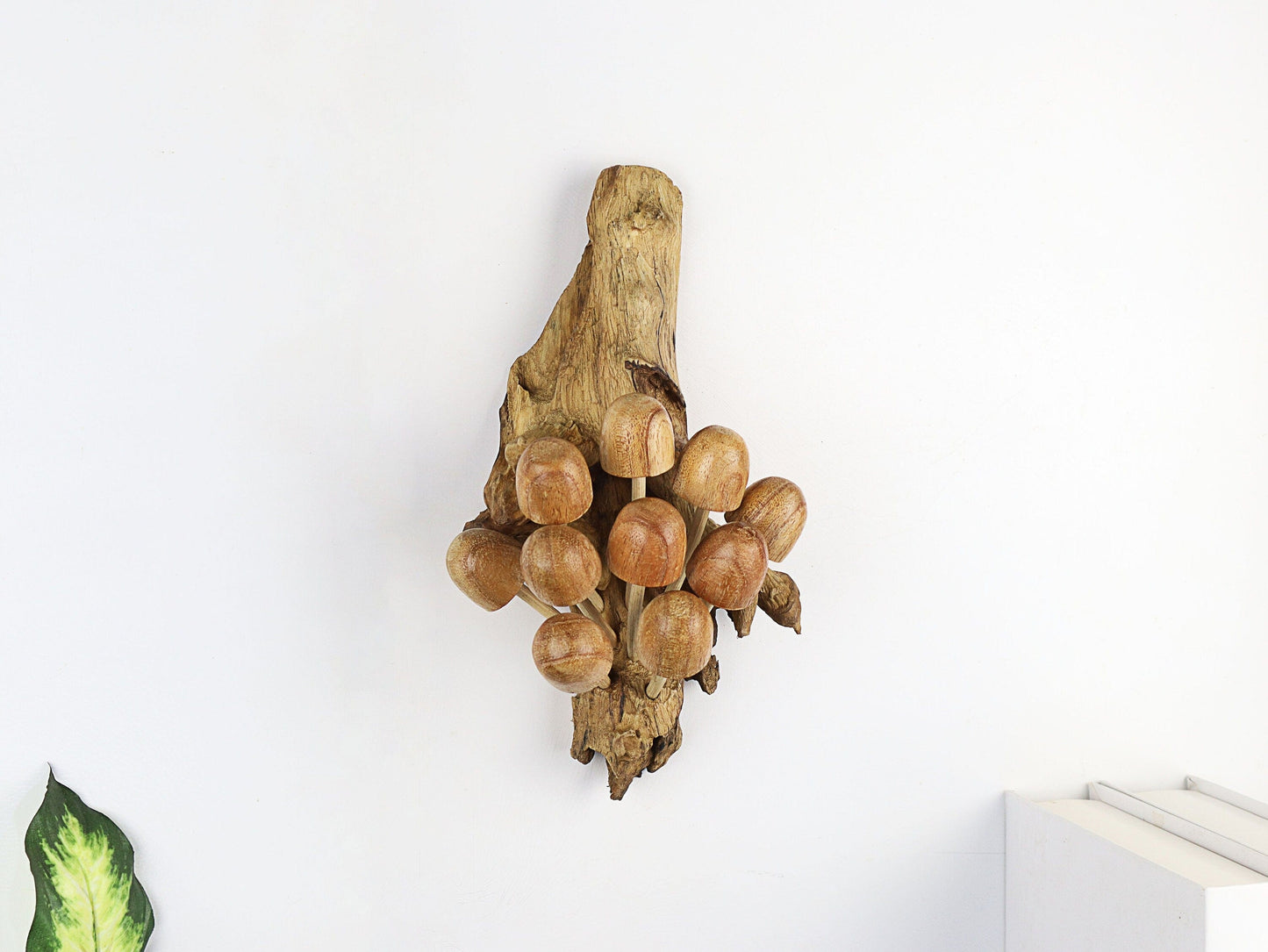 Hand-Carved Natural Wood Mushroom Cluster Wall Art - Vertical Woodland Display