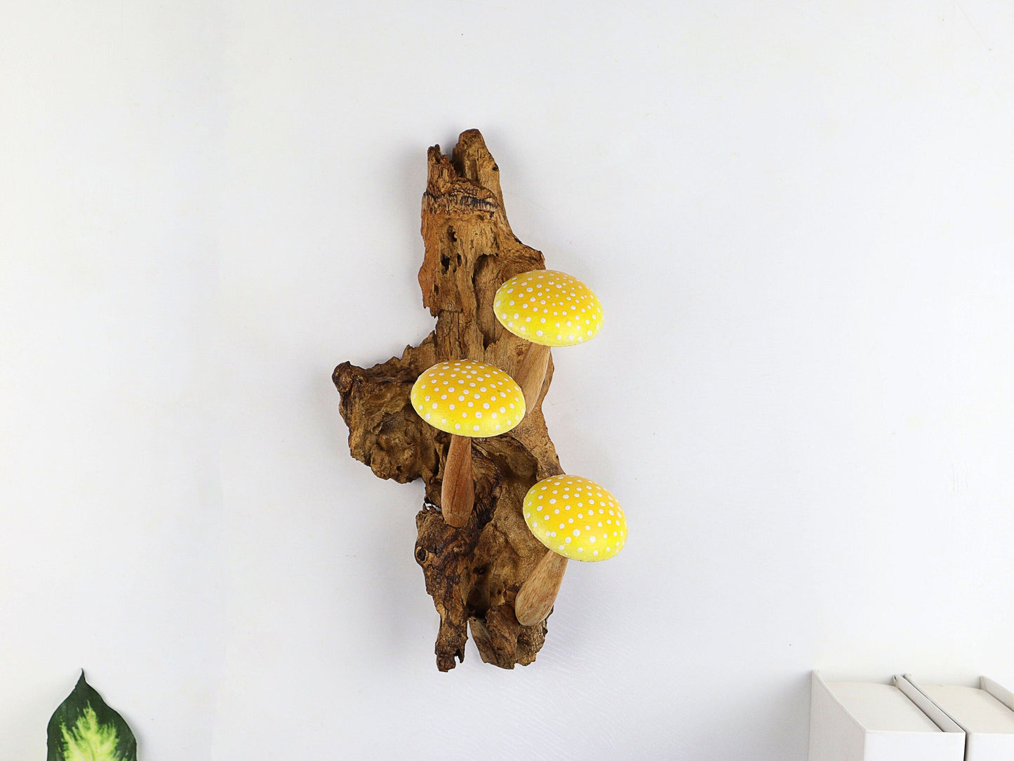 Hand-Carved & Painted Yellow & White Mushroom Wall Art - Vertical Whimsical Forest Decor