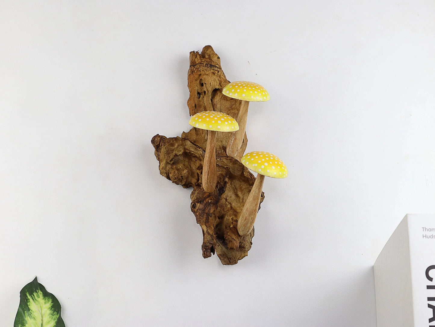 Hand-Carved & Painted Yellow & White Mushroom Wall Art - Vertical Whimsical Forest Decor