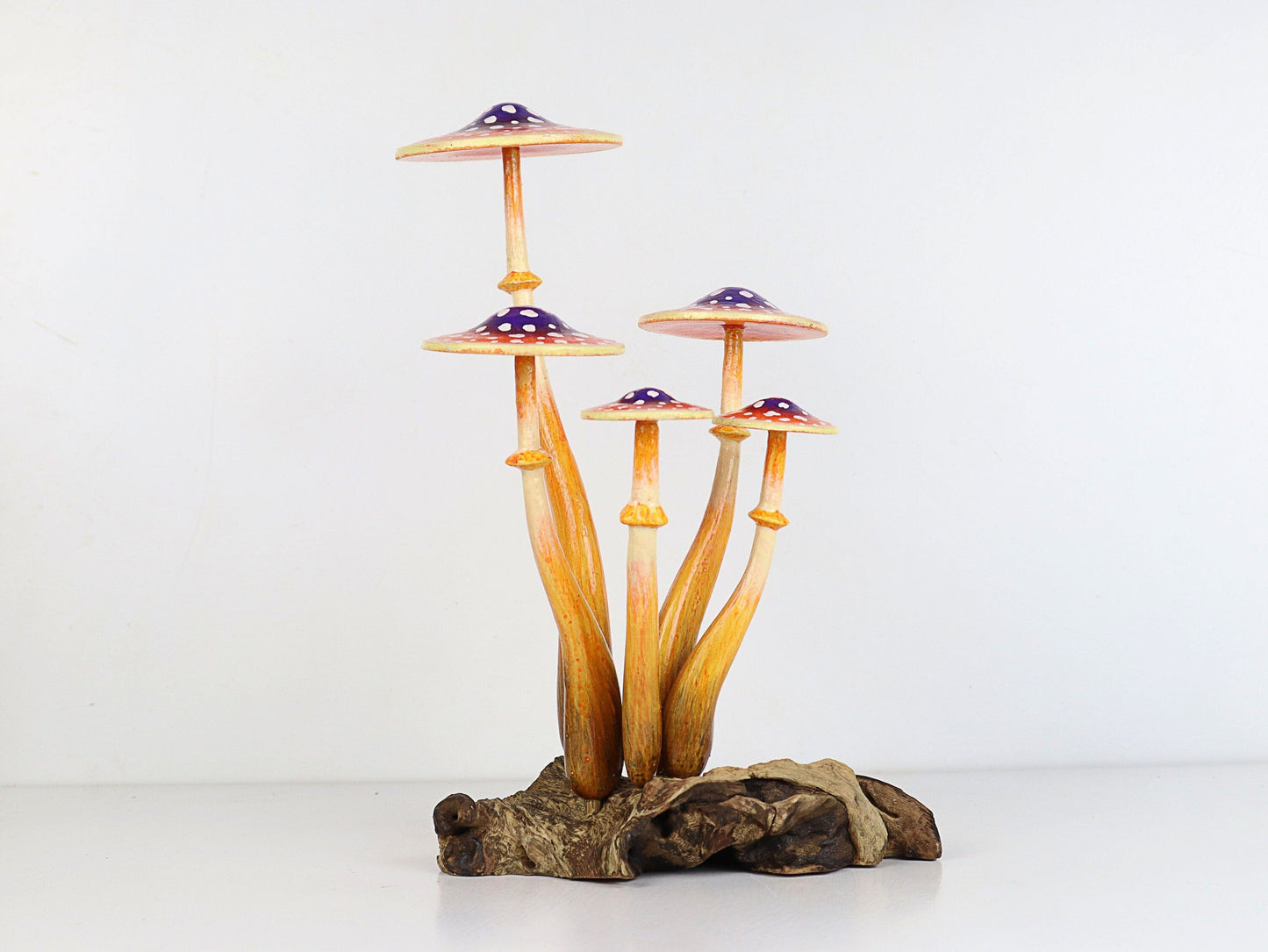 Hand-Carved & Painted Orange & Purple Mushroom Sculpture - Whimsical Tabletop Decor