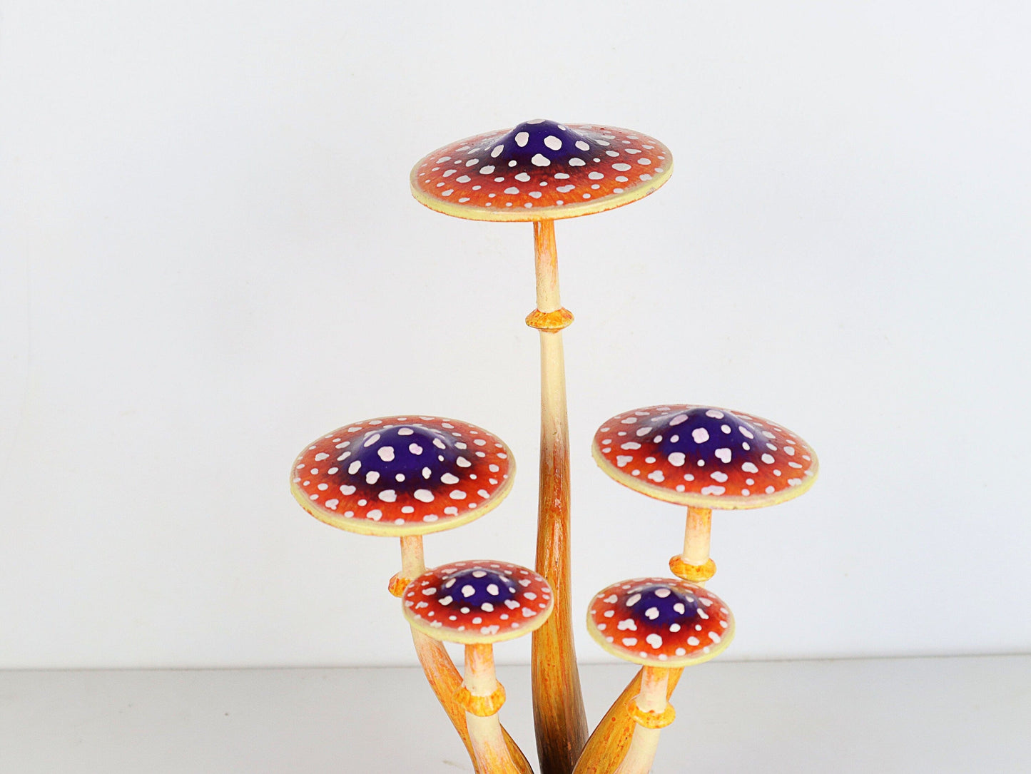 Hand-Carved & Painted Orange & Purple Mushroom Sculpture - Whimsical Tabletop Decor