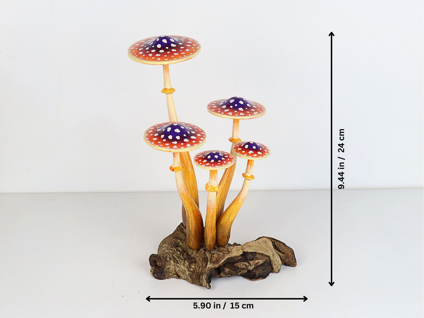 Hand-Carved & Painted Orange & Purple Mushroom Sculpture - Whimsical Tabletop Decor