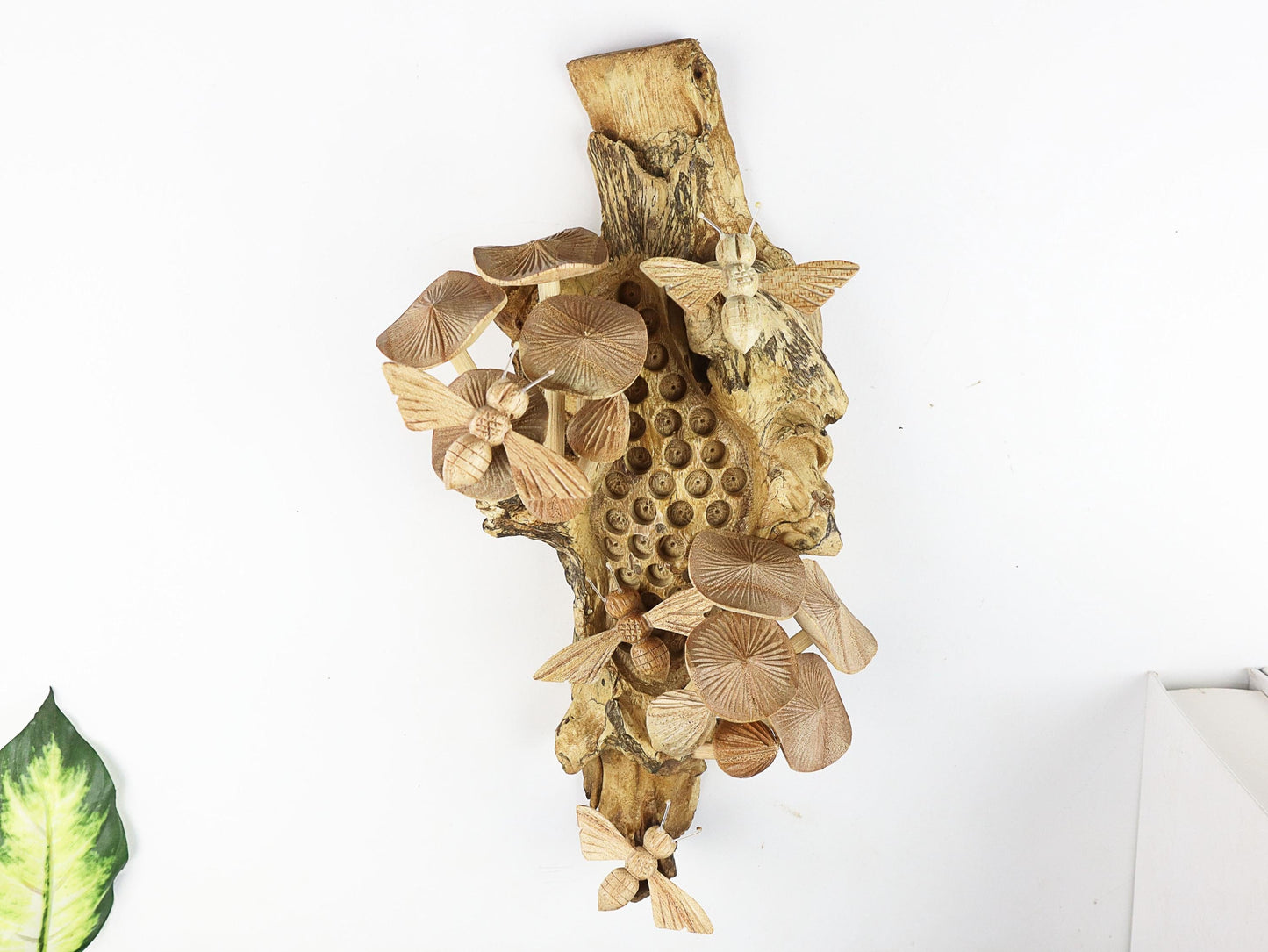 Hand-Carved Wooden Bee & Mushroom Honeycomb Wall Art - Vertical Rustic Decor