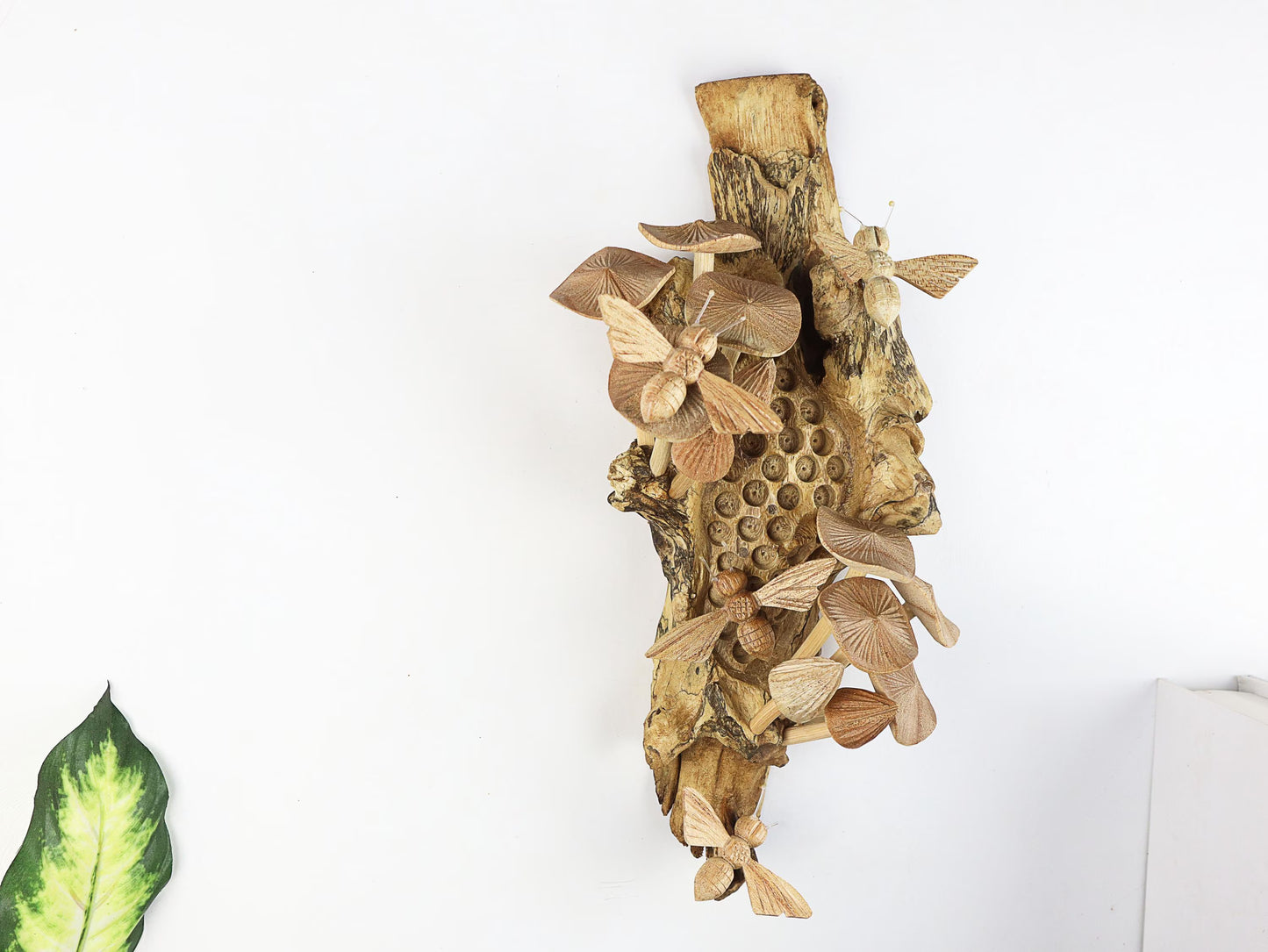 Hand-Carved Wooden Bee & Mushroom Honeycomb Wall Art - Vertical Rustic Decor