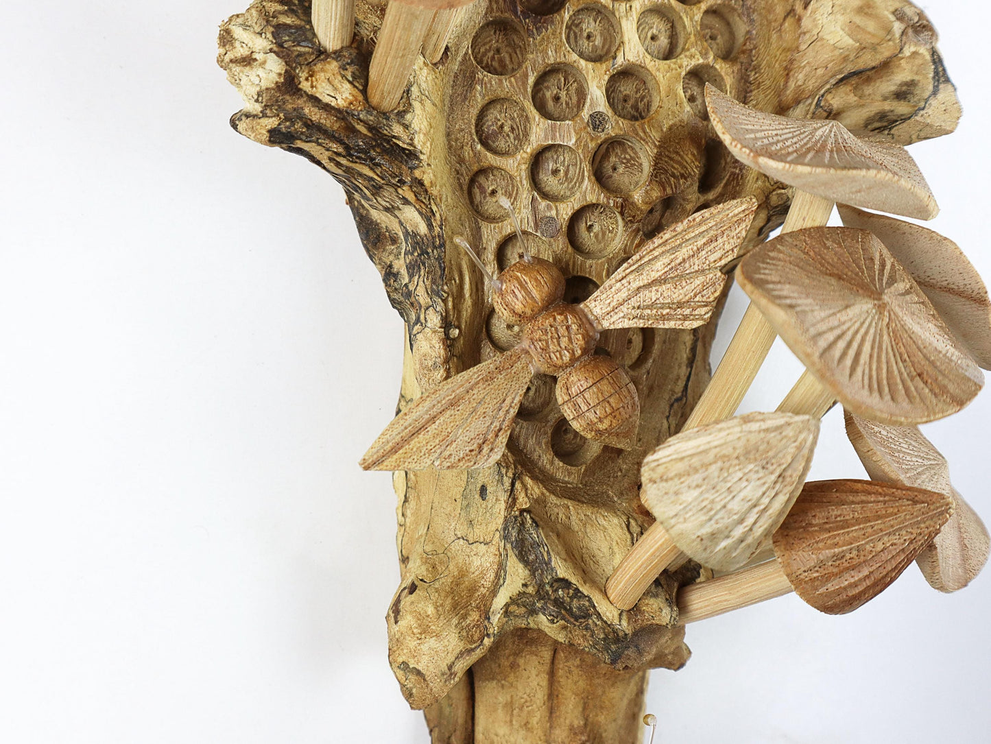 Hand-Carved Wooden Bee & Mushroom Honeycomb Wall Art - Vertical Rustic Decor
