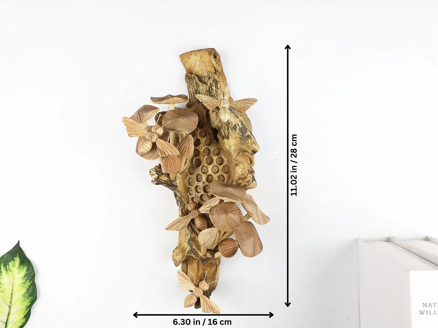 Hand-Carved Wooden Bee & Mushroom Honeycomb Wall Art - Vertical Rustic Decor