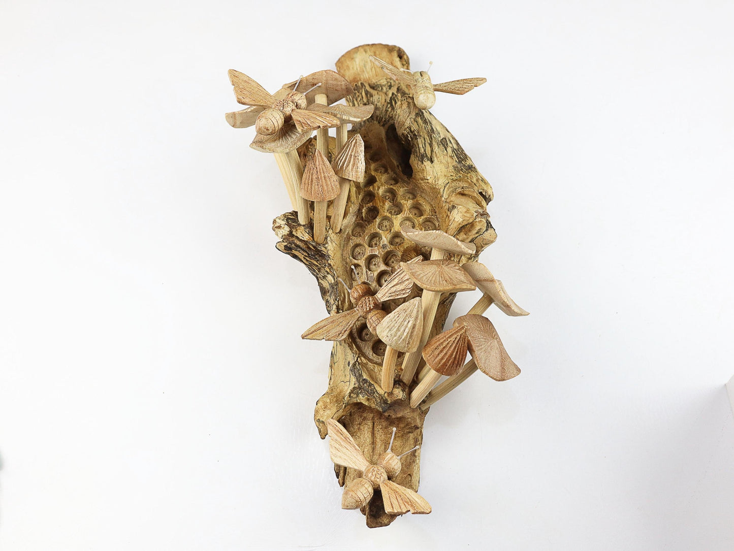 Hand-Carved Wooden Bee & Mushroom Honeycomb Wall Art - Vertical Rustic Decor