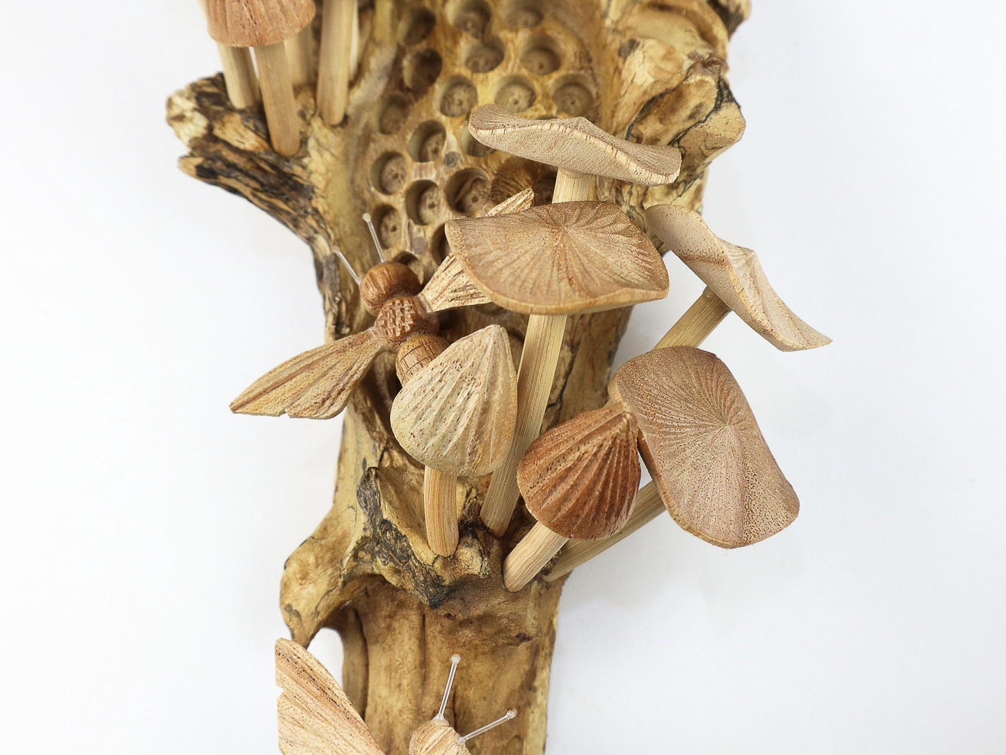 Hand-Carved Wooden Bee & Mushroom Honeycomb Wall Art - Vertical Rustic Decor