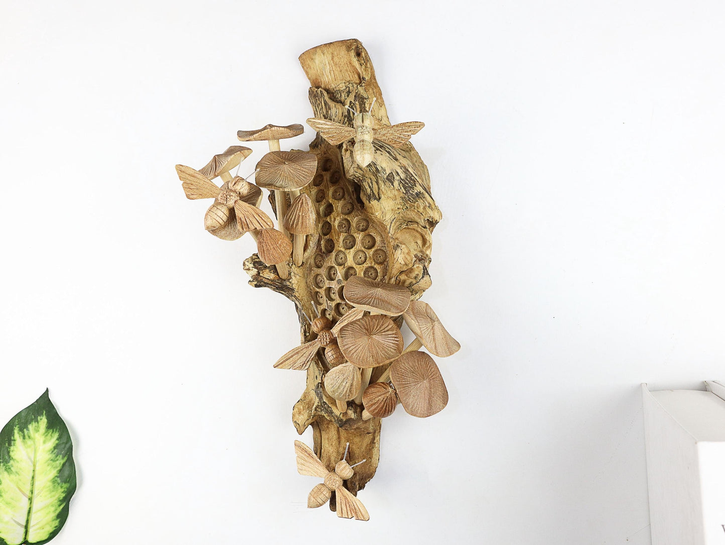 Hand-Carved Wooden Bee & Mushroom Honeycomb Wall Art - Vertical Rustic Decor