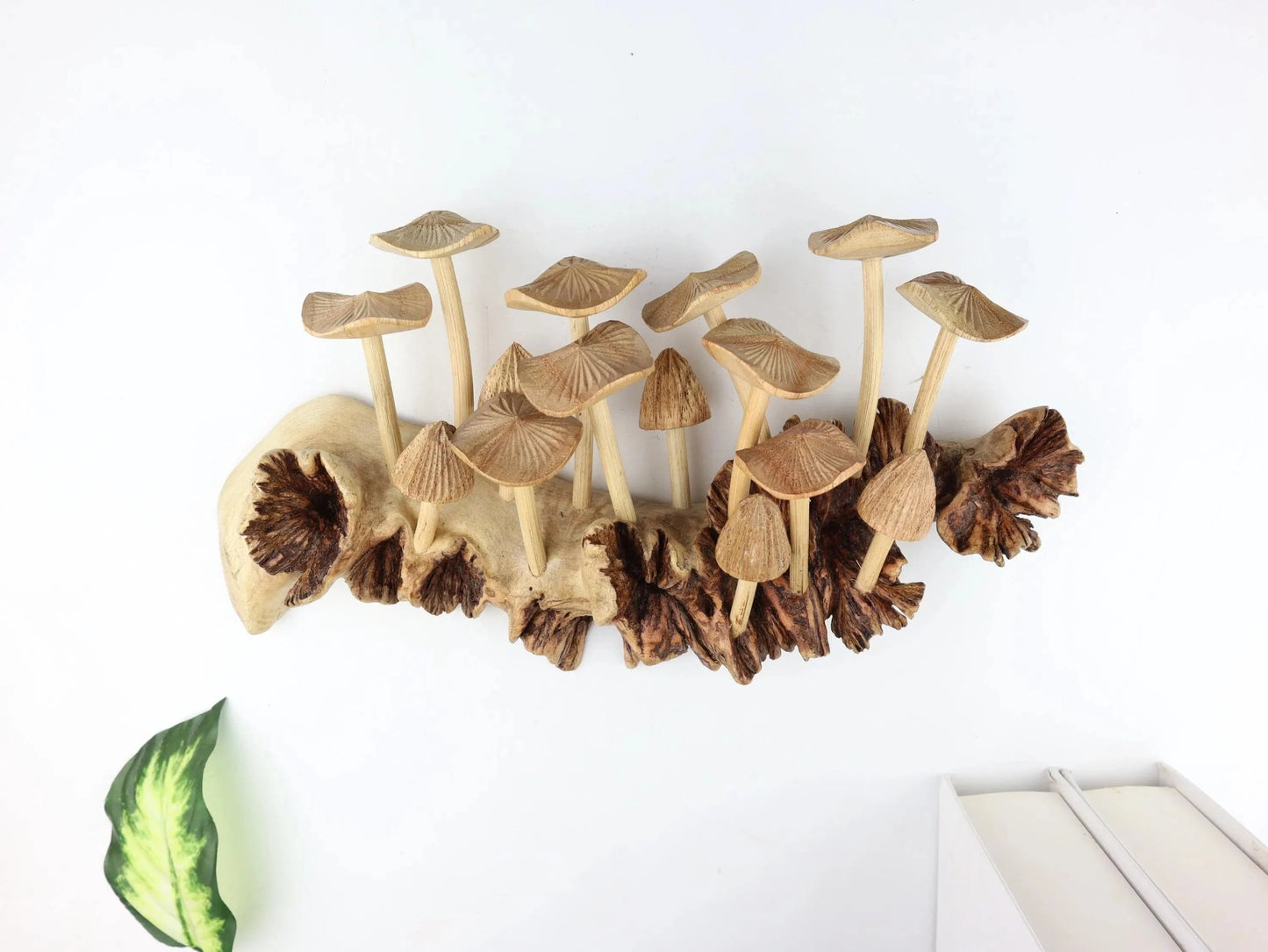 Hand-Carved Natural Wood Fanned Mushroom Log Sculpture - Horizontal Woodland Centerpiece