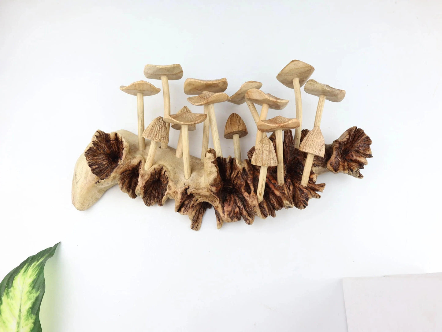 Hand-Carved Natural Wood Fanned Mushroom Log Sculpture - Horizontal Woodland Centerpiece