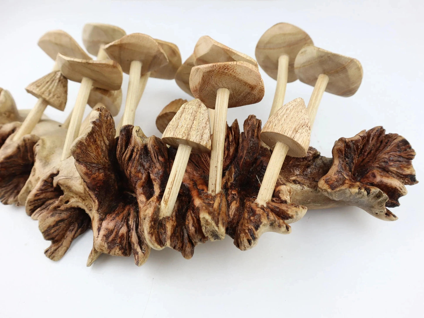 Hand-Carved Natural Wood Fanned Mushroom Log Sculpture - Horizontal Woodland Centerpiece