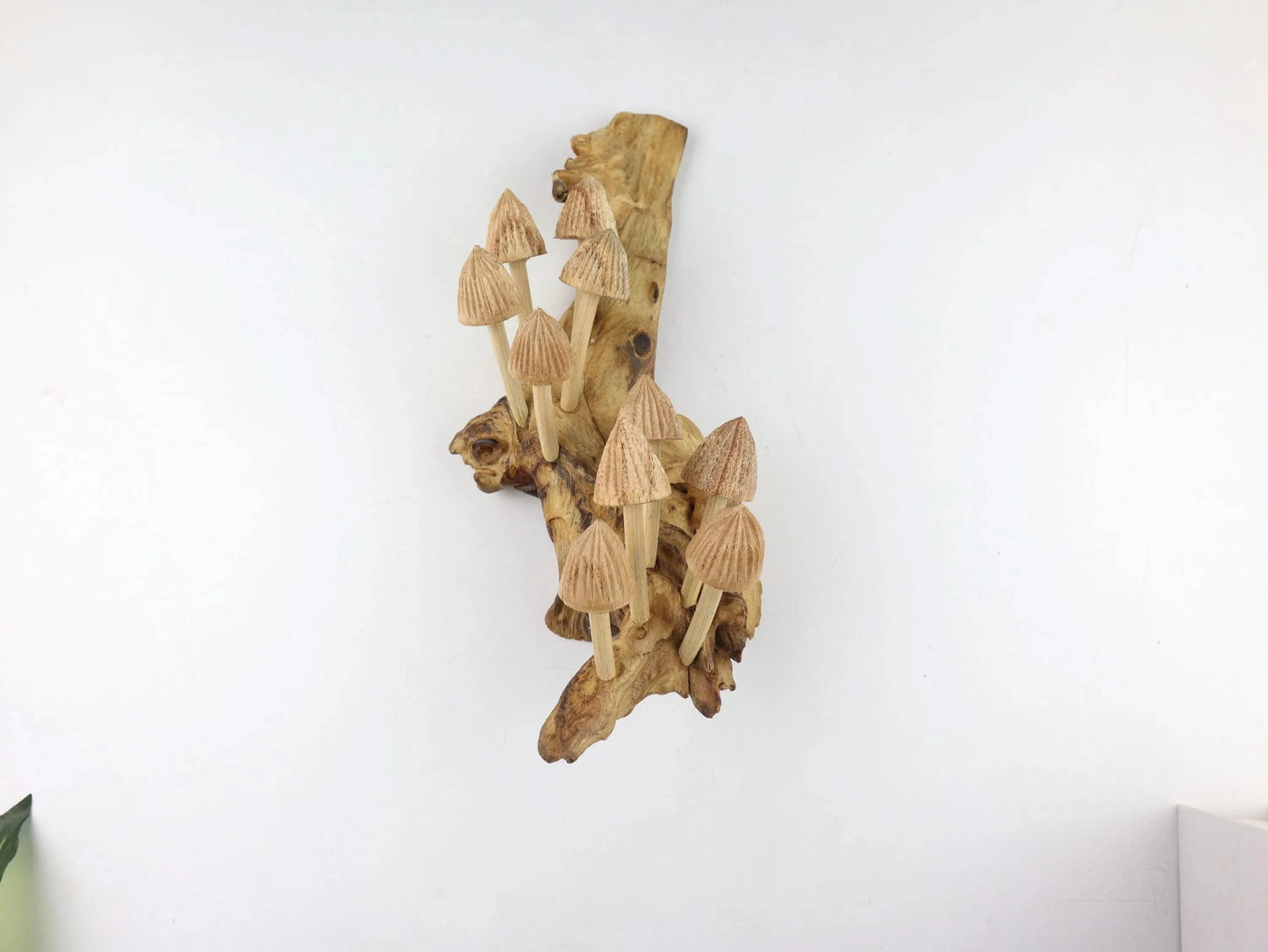 Hand-Carved Natural Wood Conical Mushroom Cluster Wall Art - Vertical Woodland Display