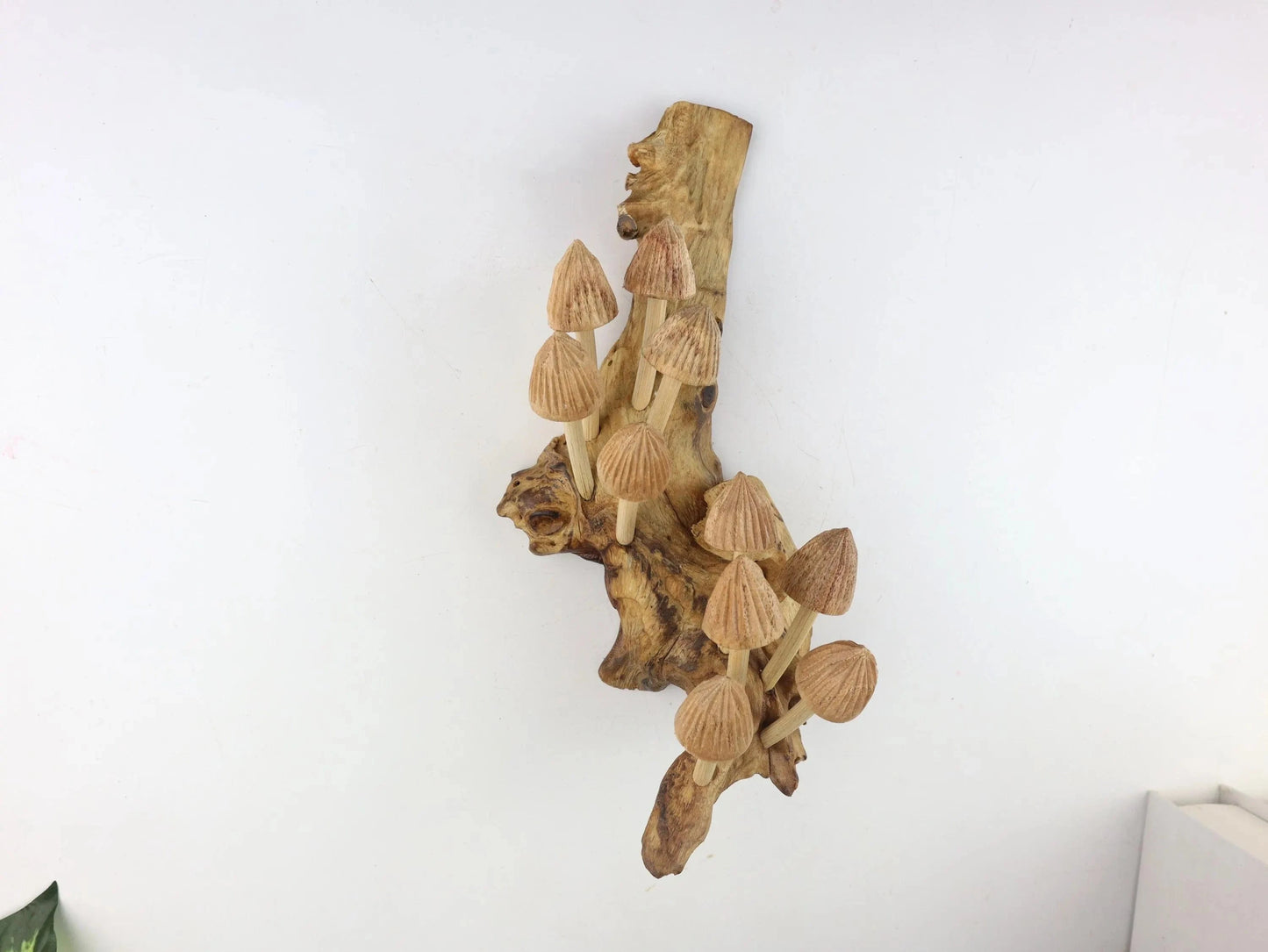 Hand-Carved Natural Wood Conical Mushroom Cluster Wall Art - Vertical Woodland Display