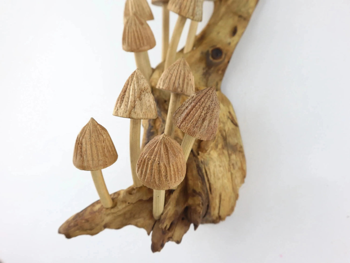 Hand-Carved Natural Wood Conical Mushroom Cluster Wall Art - Vertical Woodland Display