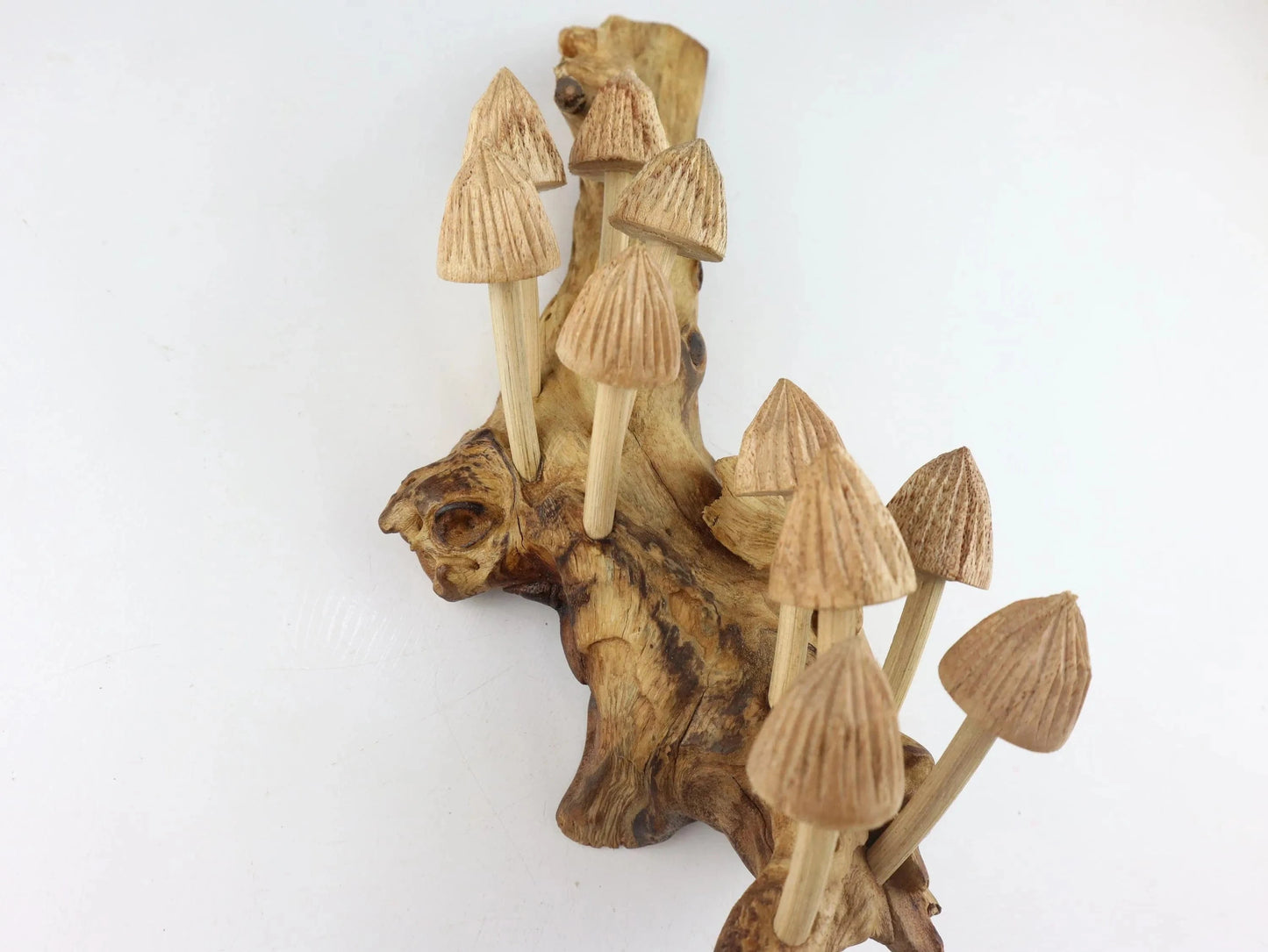 Hand-Carved Natural Wood Conical Mushroom Cluster Wall Art - Vertical Woodland Display