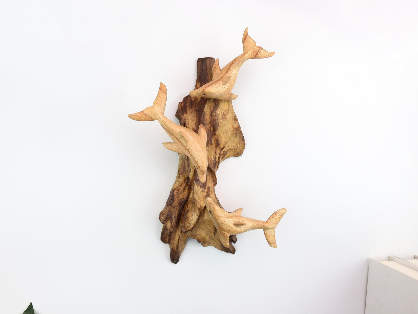 Hand-Carved Wooden Dolphin Trio Wall Art on Driftwood - Rustic Coastal Decor