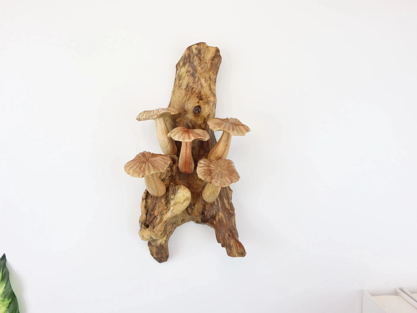 Hand-Carved Natural Wood Fanned Mushroom Wall Art - Vertical Woodland Display