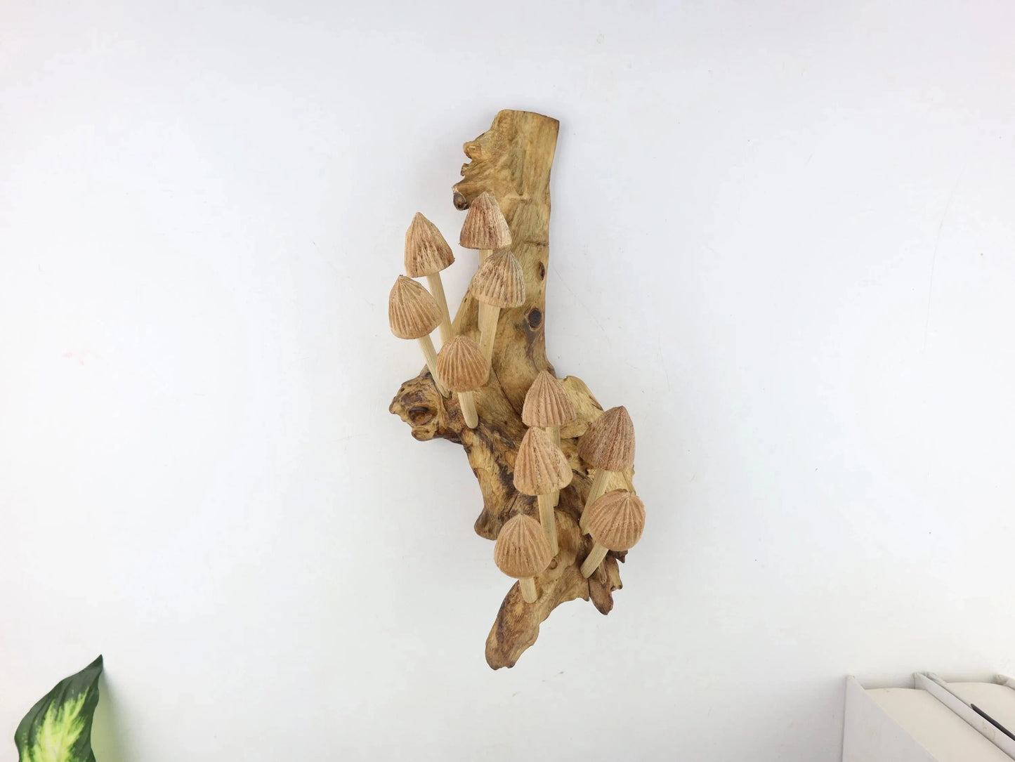 Hand-Carved Natural Wood Conical Mushroom Cluster Wall Art - Vertical Woodland Display