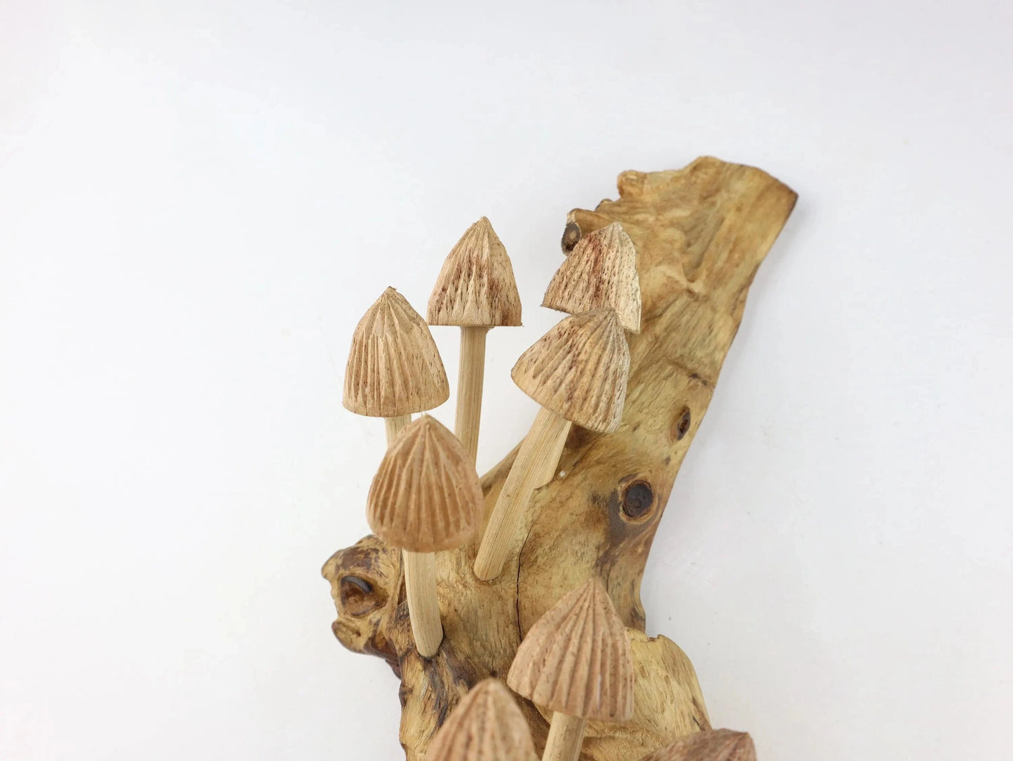 Hand-Carved Natural Wood Conical Mushroom Cluster Wall Art - Vertical Woodland Display