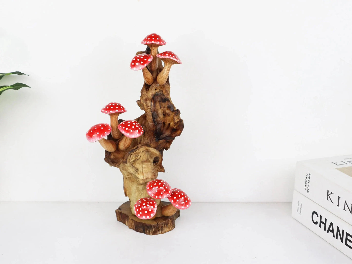 Hand-Carved & Painted Red Mushroom Sculpture - Whimsical Freestanding Decor