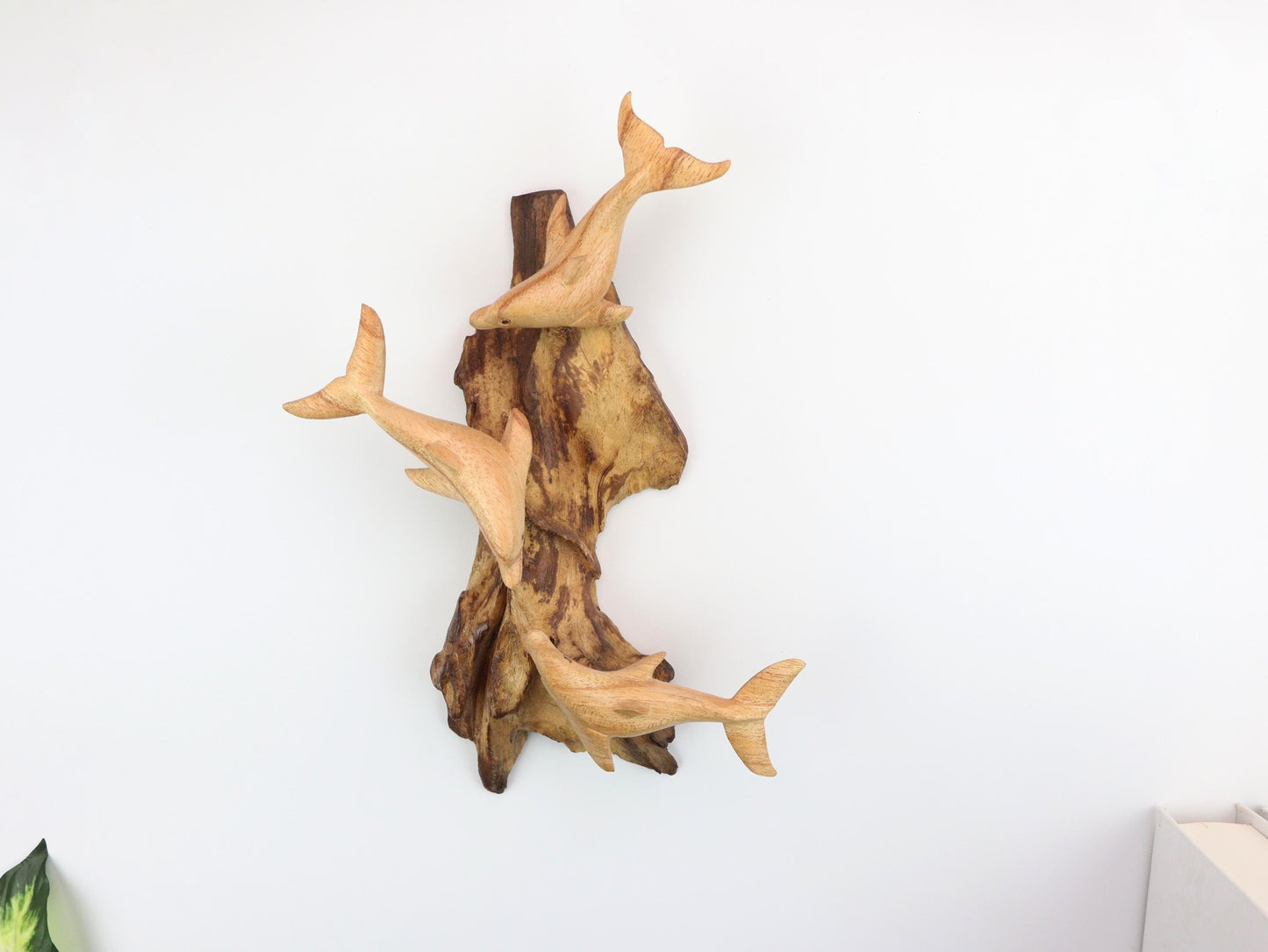 Hand-Carved Wooden Dolphin Trio Wall Art on Driftwood - Rustic Coastal Decor