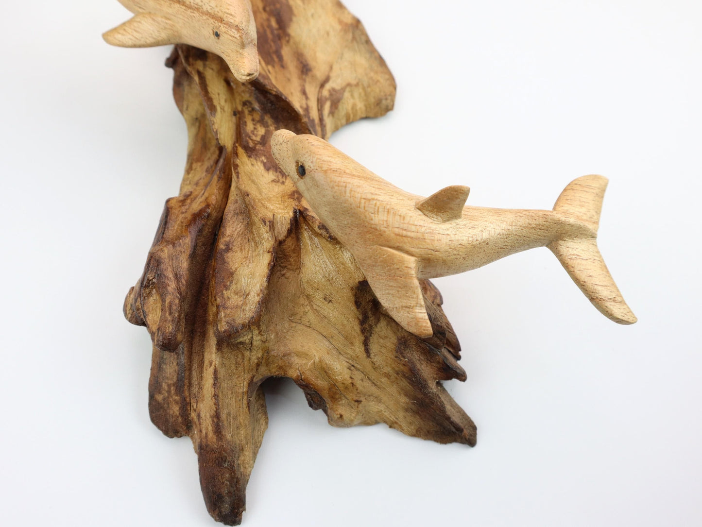 Hand-Carved Wooden Dolphin Trio Wall Art on Driftwood - Rustic Coastal Decor
