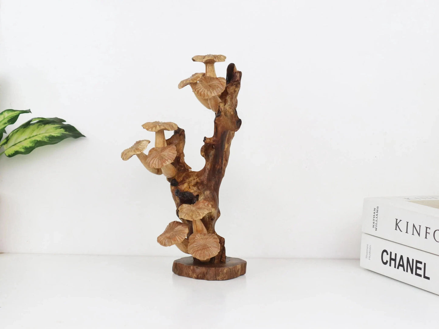 Hand-Carved Natural Wood Mushroom Cluster Sculpture - Rustic Freestanding Decor