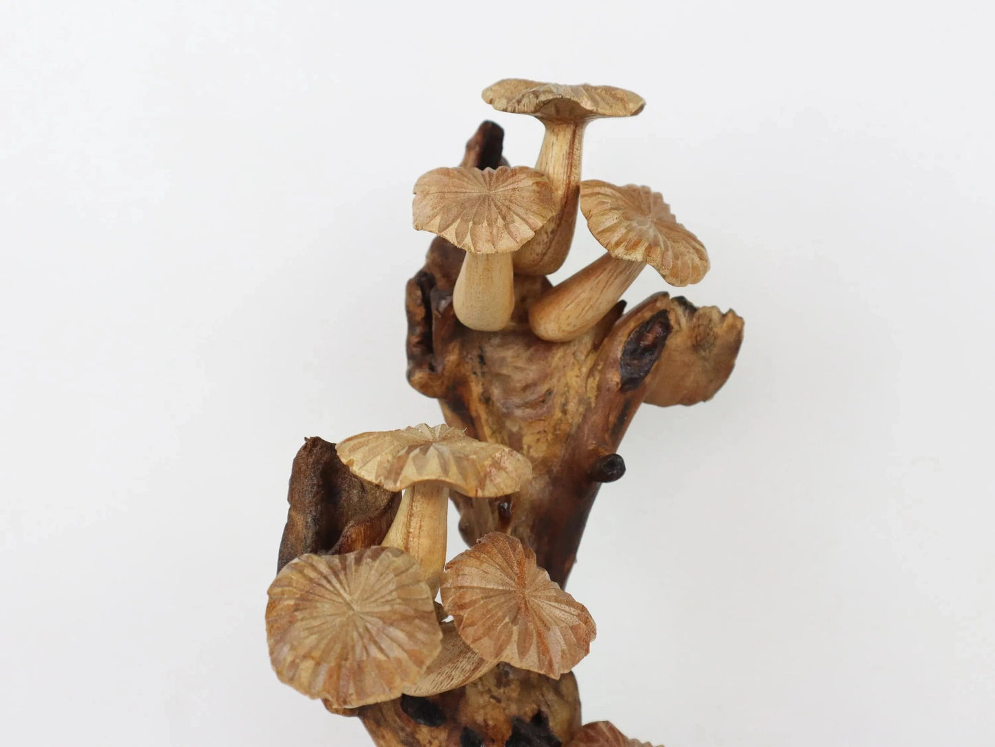 Hand-Carved Natural Wood Mushroom Cluster Sculpture - Rustic Freestanding Decor