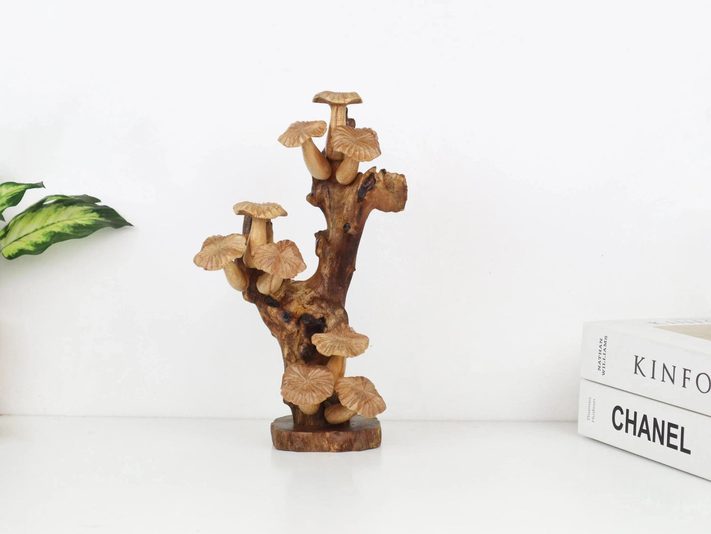 Hand-Carved Natural Wood Mushroom Cluster Sculpture - Rustic Freestanding Decor