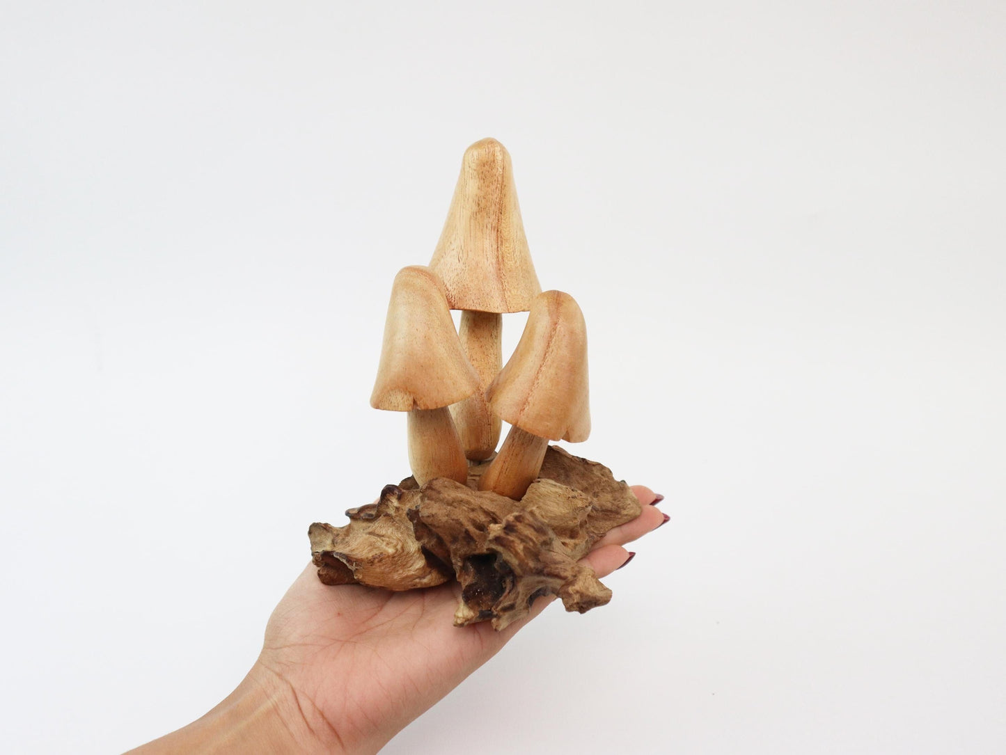 Hand-Carved Natural Wood Conical Mushroom Sculpture - Rustic Woodland Decor
